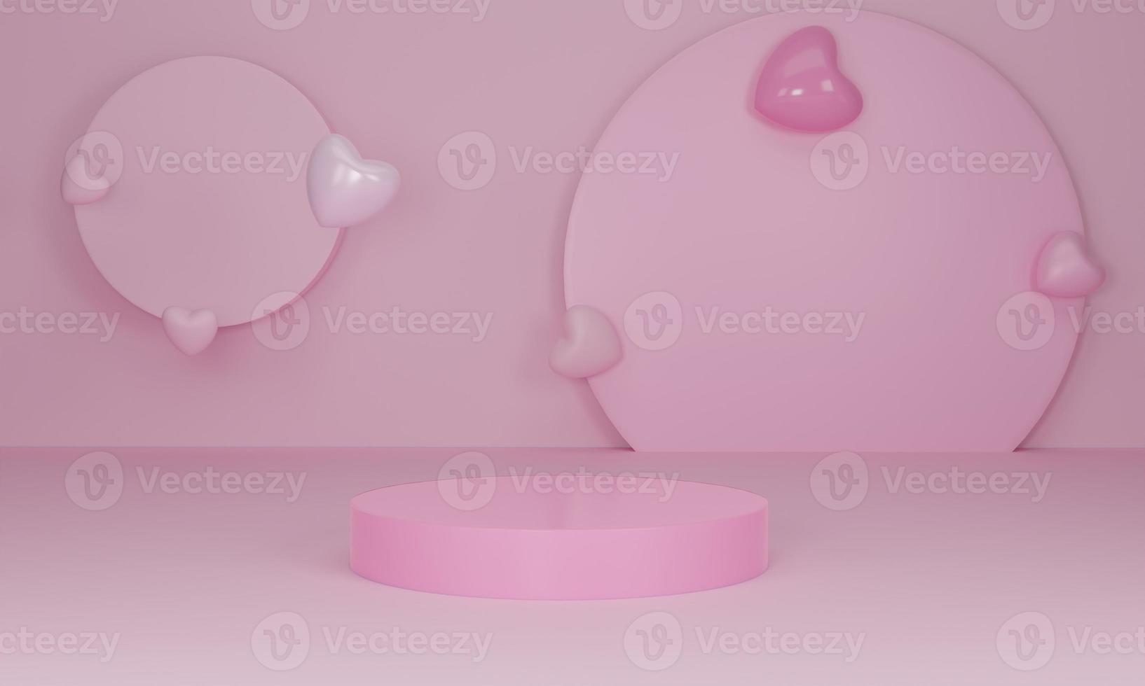 3d render. Pink heart and podium stand to show product display on pastel color background. photo