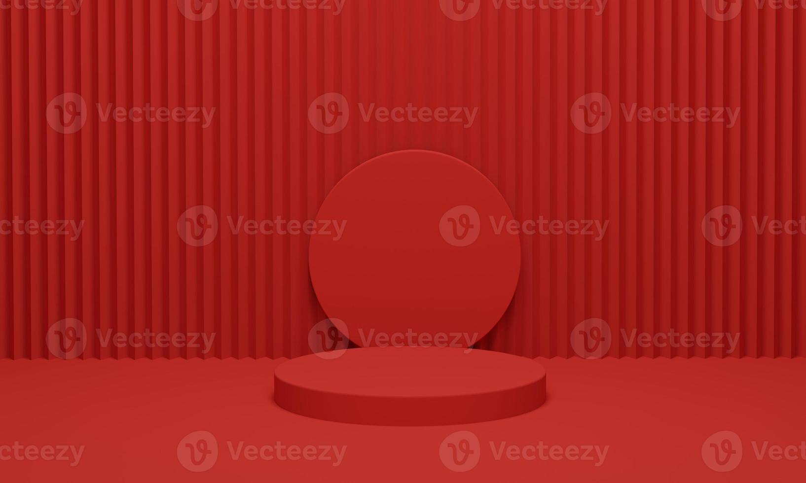 Stage podium on red velvet curtain background for products display. Modern red podium with geometric background. 3d render illustration. photo