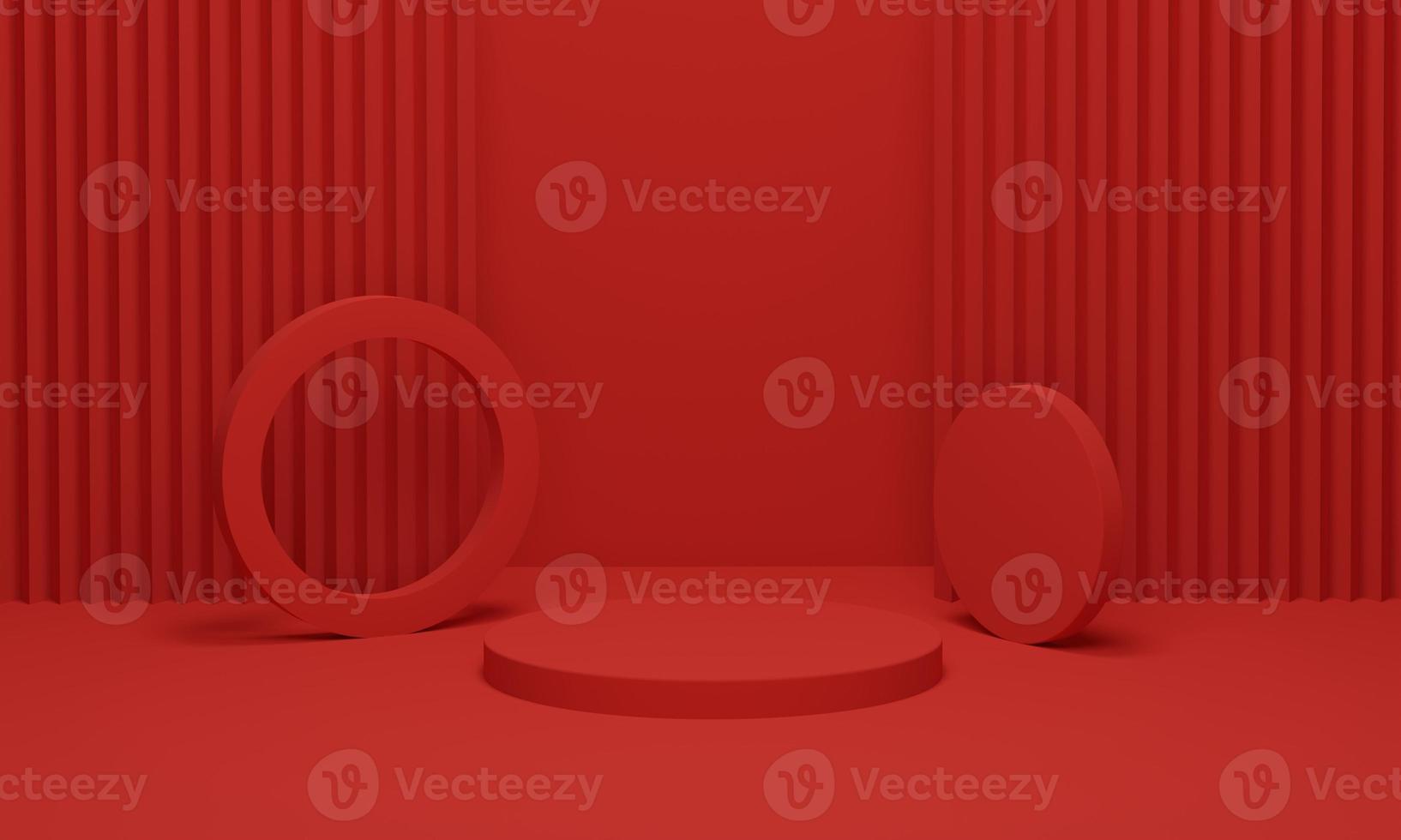 Stage podium on red velvet curtain background for products display. Modern red podium with geometric background. 3d render illustration. photo