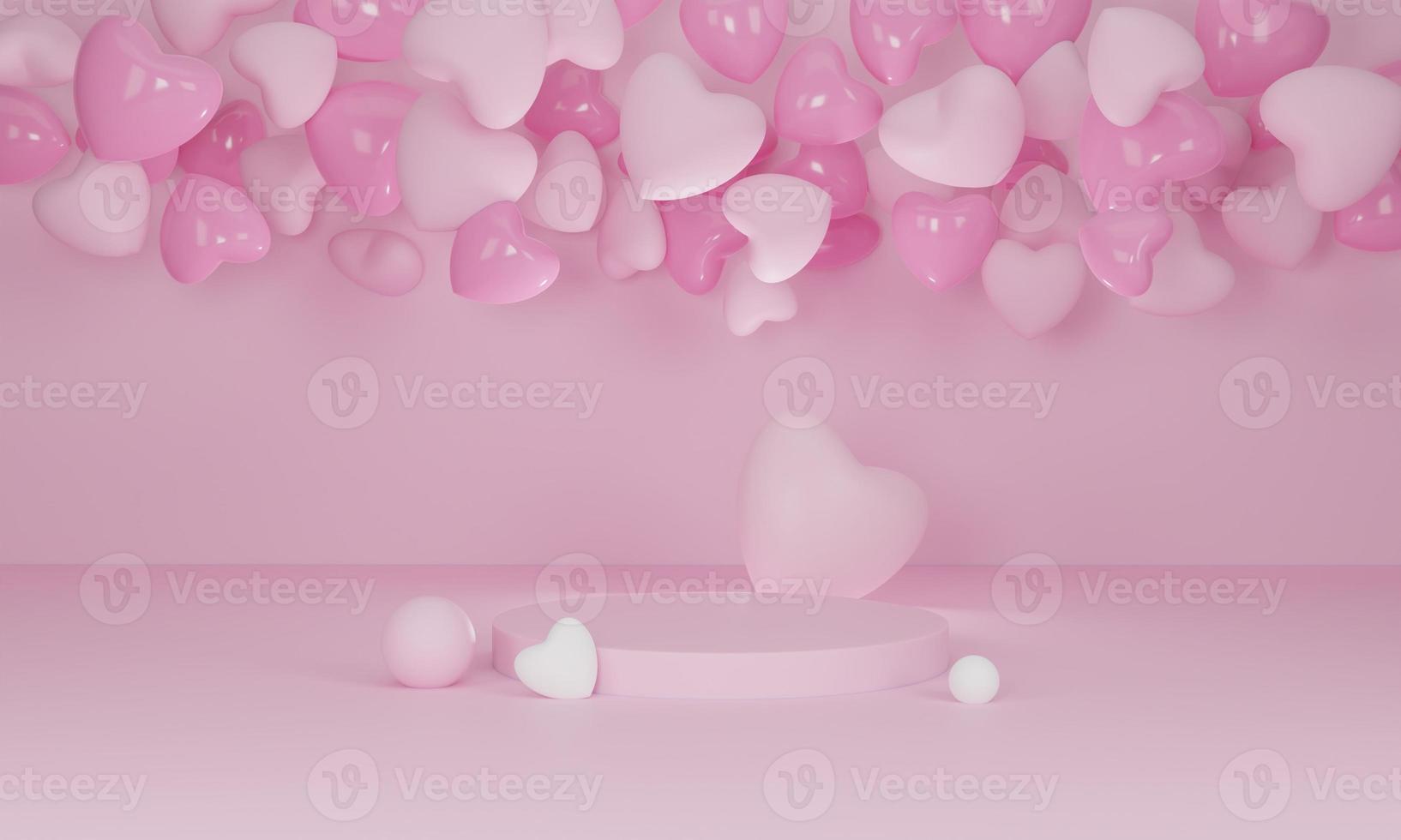 3d render. Heart on pink podium on pastel background. Abstract minimal geometric shapes backdrop for valentine day design composition. photo