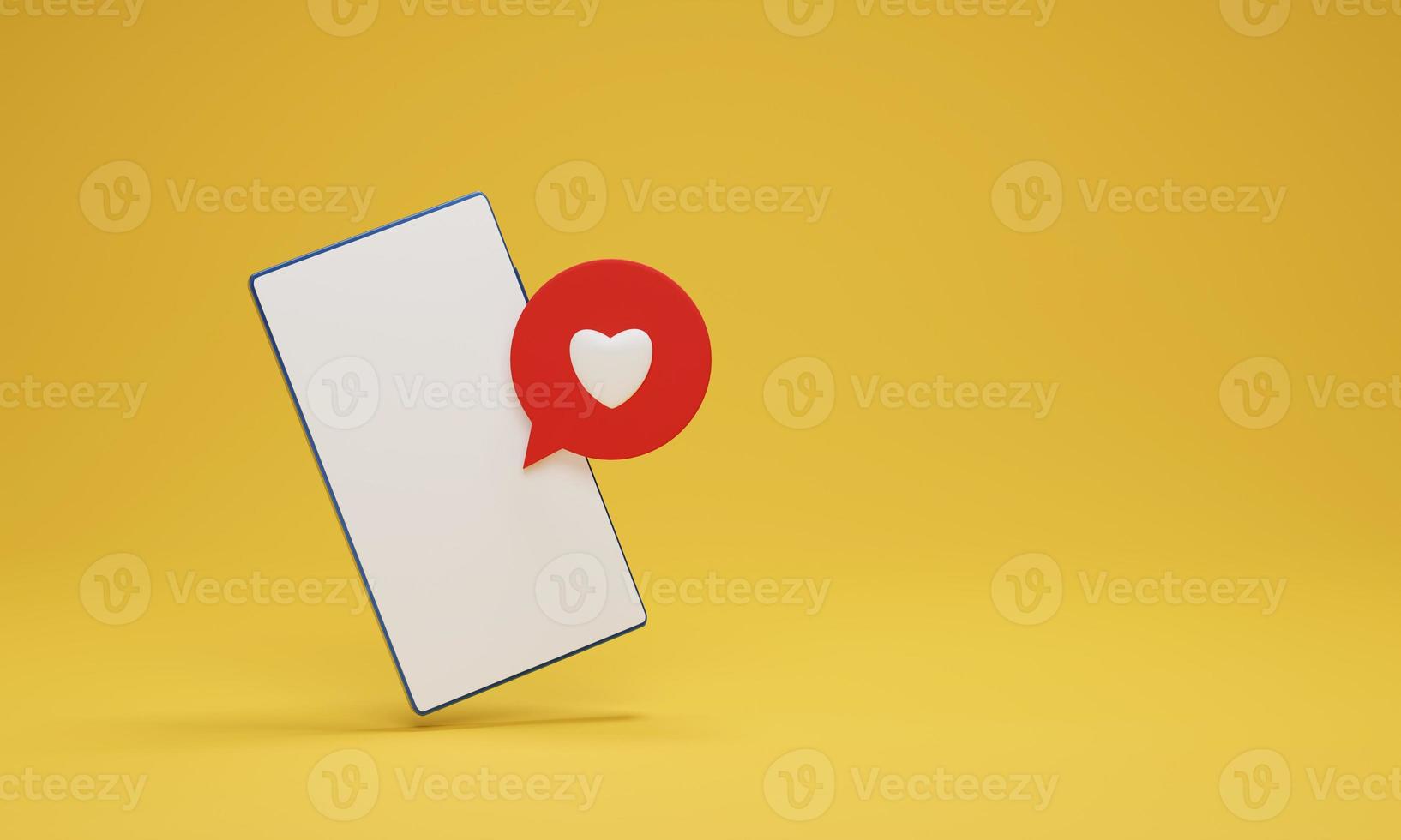 Ilustración de presentación 3d, iconos de corazón en un pin rojo y teléfono inteligente en fondo amarillo. concepto de redes sociales foto