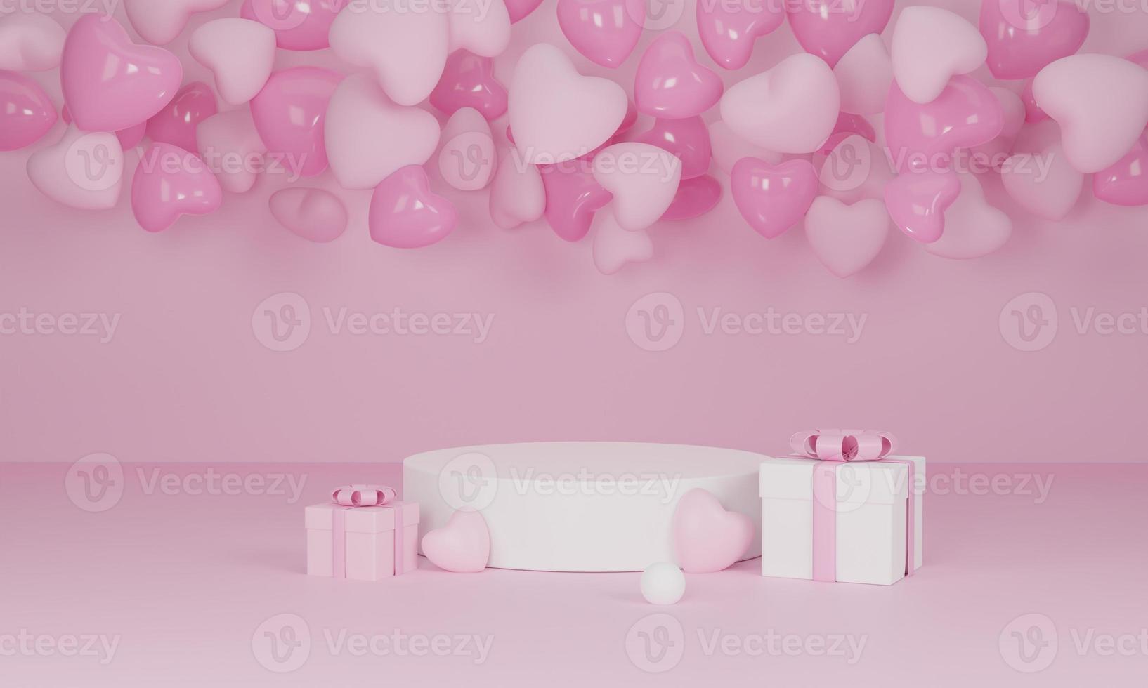 3d render. Heart on pink podium on pastel background. Abstract minimal geometric shapes backdrop photo