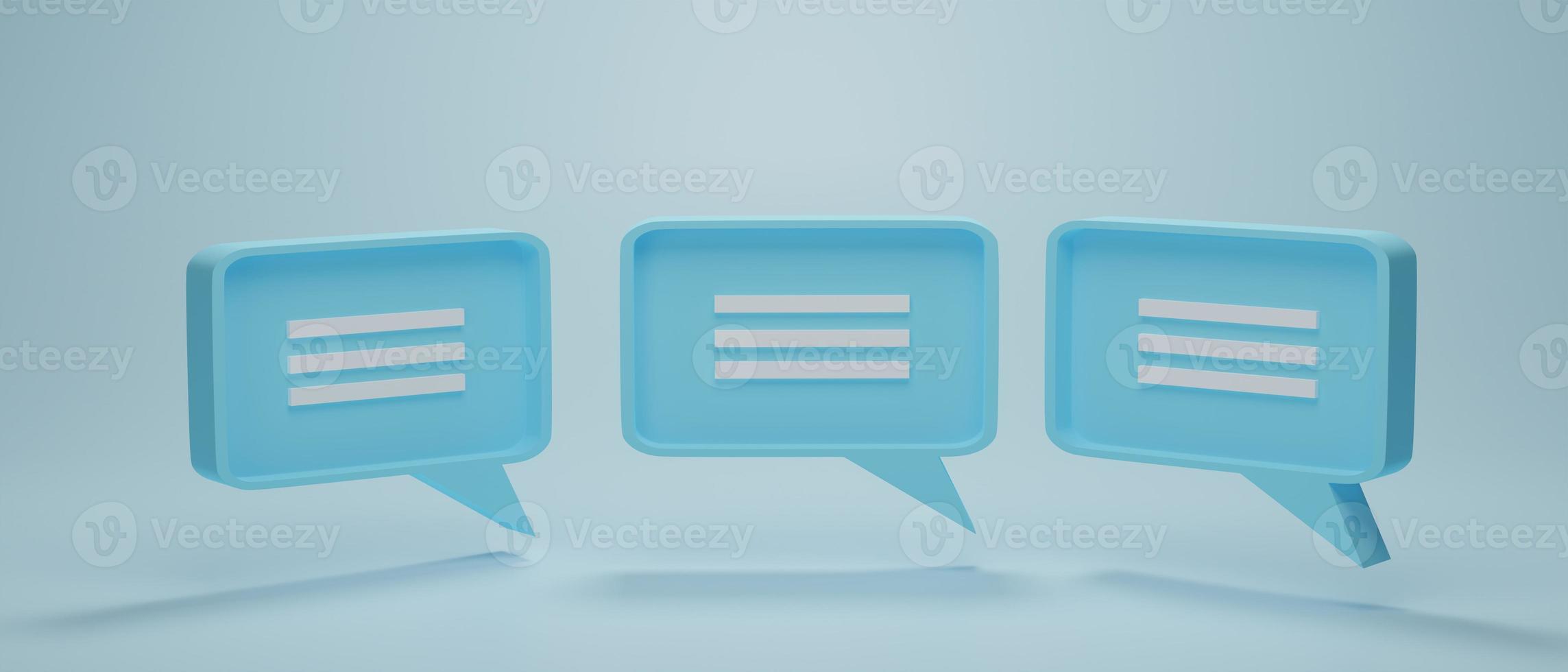 Set of 3 chat bubble icon or speech bubbles symbol on blue pastel background. Concept of chat, communication or dialogue. 3d rendering illustration. photo