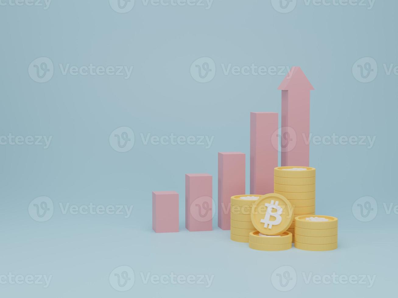 Stair step to growth success and bar graph with btc coin stack. Cryptocurrency trend and growing, bitcoin rising. 3d render illustration. photo