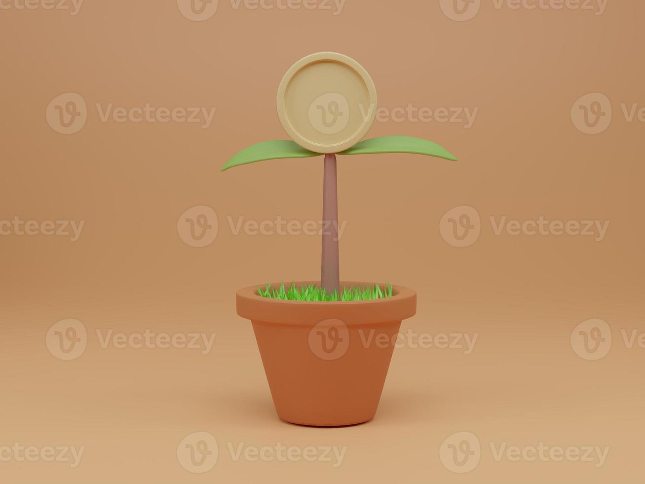 Seedling plant with coin flower in pot on light orange background. Long-term money growth concept. 3d render illustration. photo