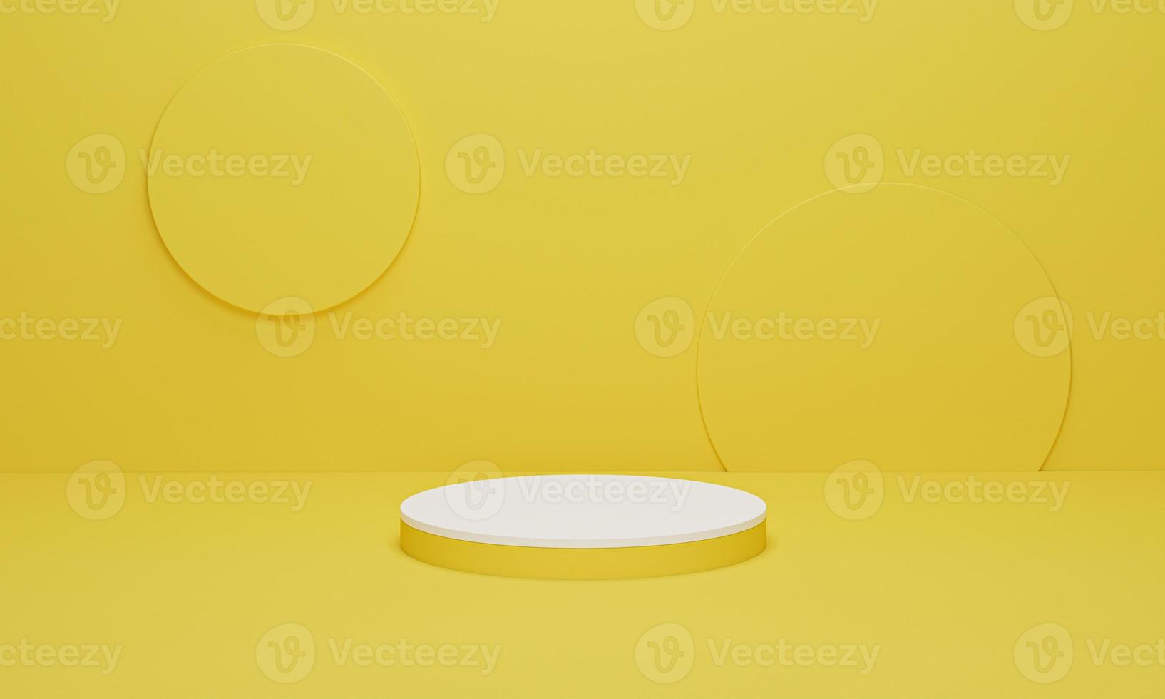 White cylinder podium on yellow background minimal scene with yellow geometric platform. Podium stand for products display. 3d render, 3d illustration. photo