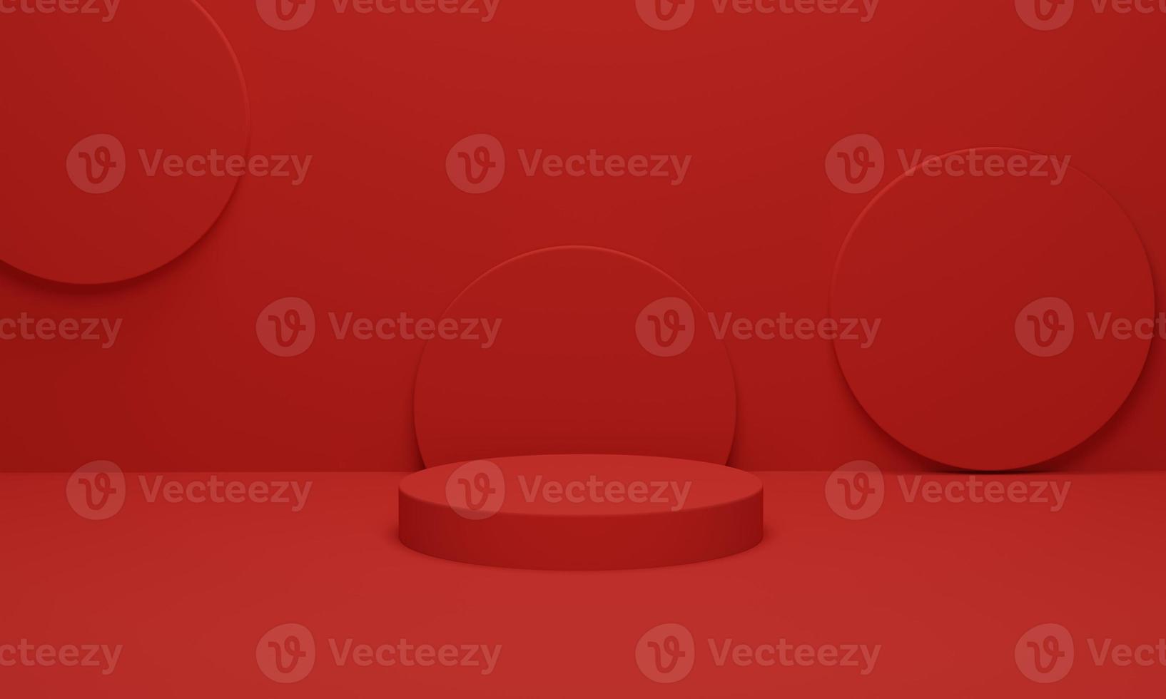 Cylinder podium on red background. Abstract minimal scene geometric platform. Shaped podium for products display. 3d render, 3d illustration. photo