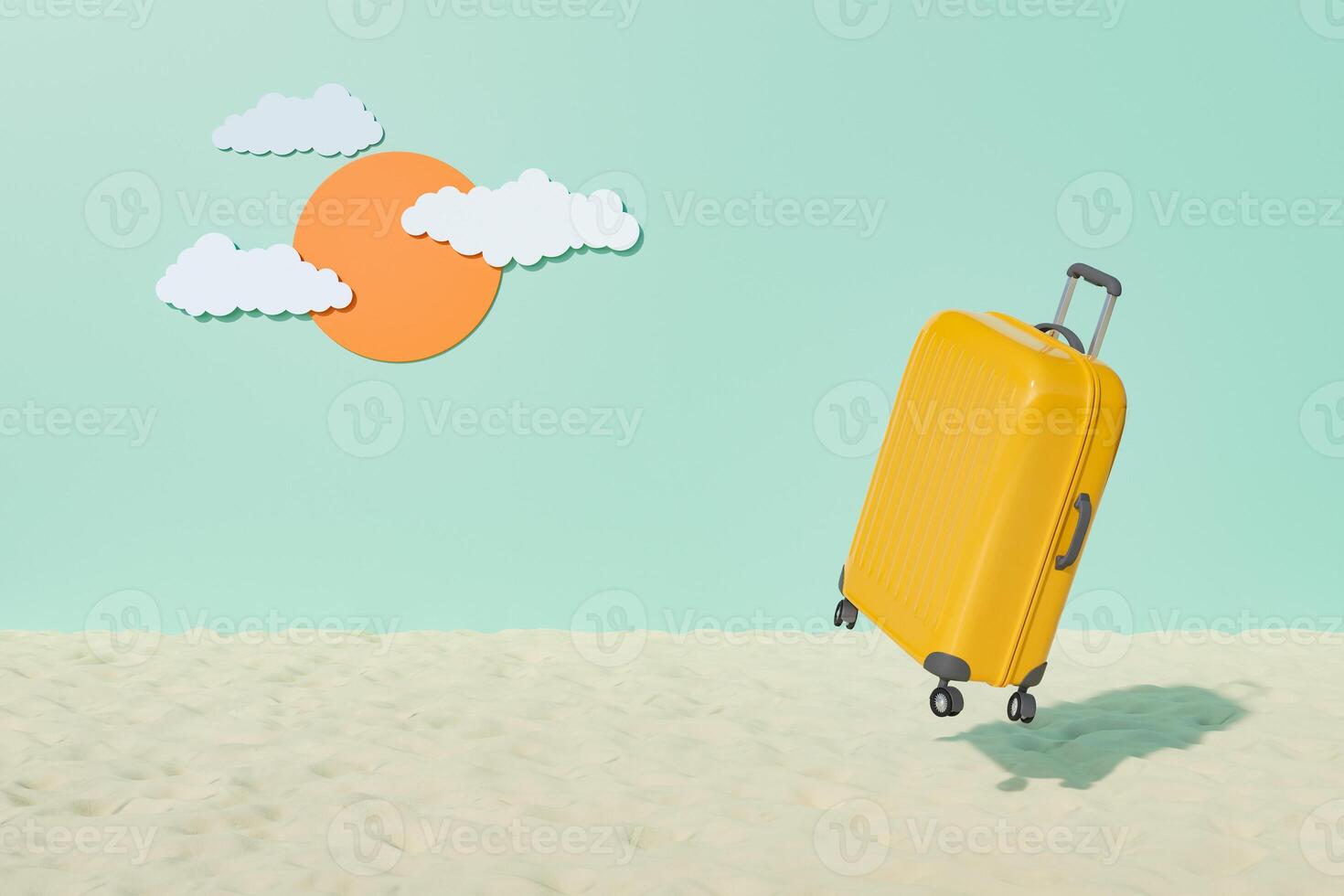 suitcase floating on beach sand with artificial sky background 6469067