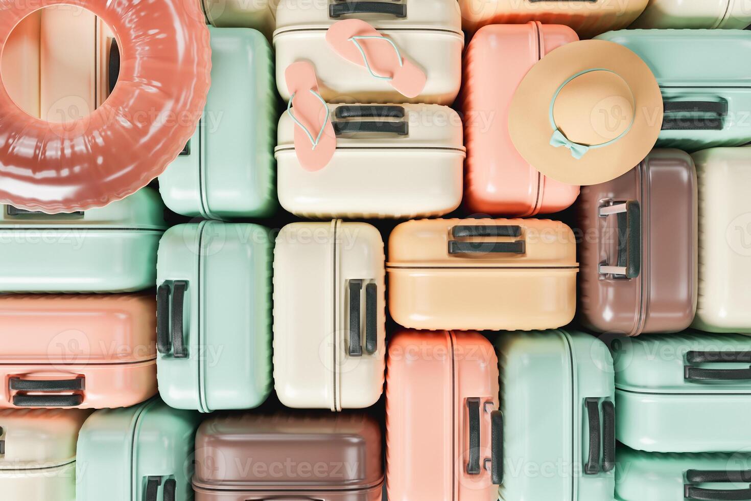 pattern of many suitcases stacked with summer travel accessories photo