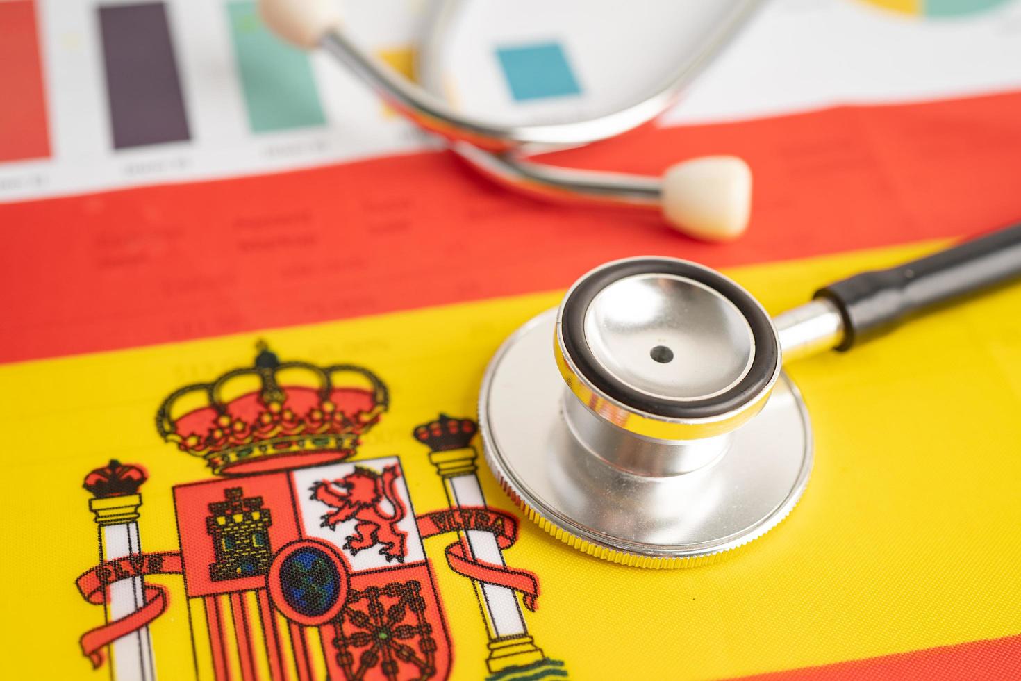 Black stethoscope on Spain flag background, Business and finance concept. photo