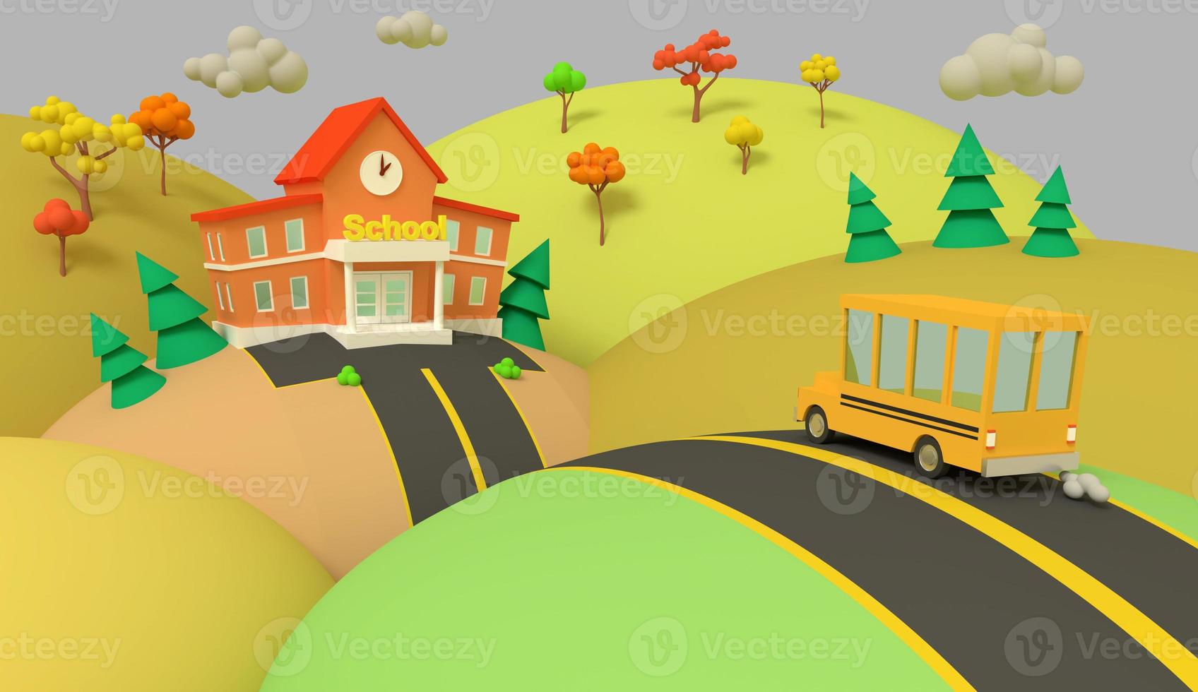 School building and yellow bus with autumn beautiful landscape. Back to school. Volumetric style illustration. 3D render. photo