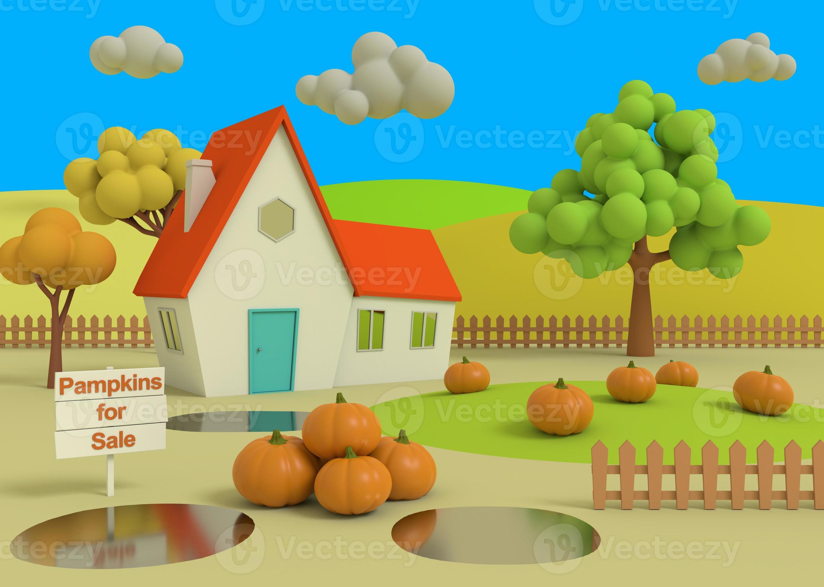pintoresco paisaje rural con cosecha en estilo de dibujos animados. Representación 3D. casa en el campo de calabazas en el fondo de los anteriores de otoño. foto
