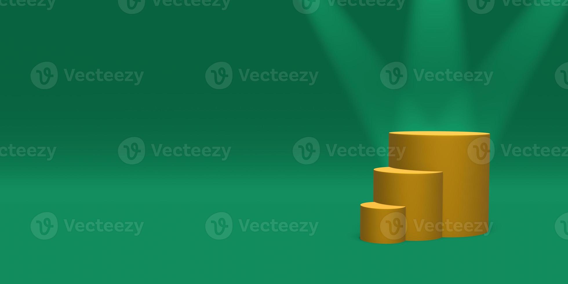 Podium, pedestal or platform gold color illuminated by spotlights on green background. Abstract illustration of simple geometric shapes. 3D rendering. photo