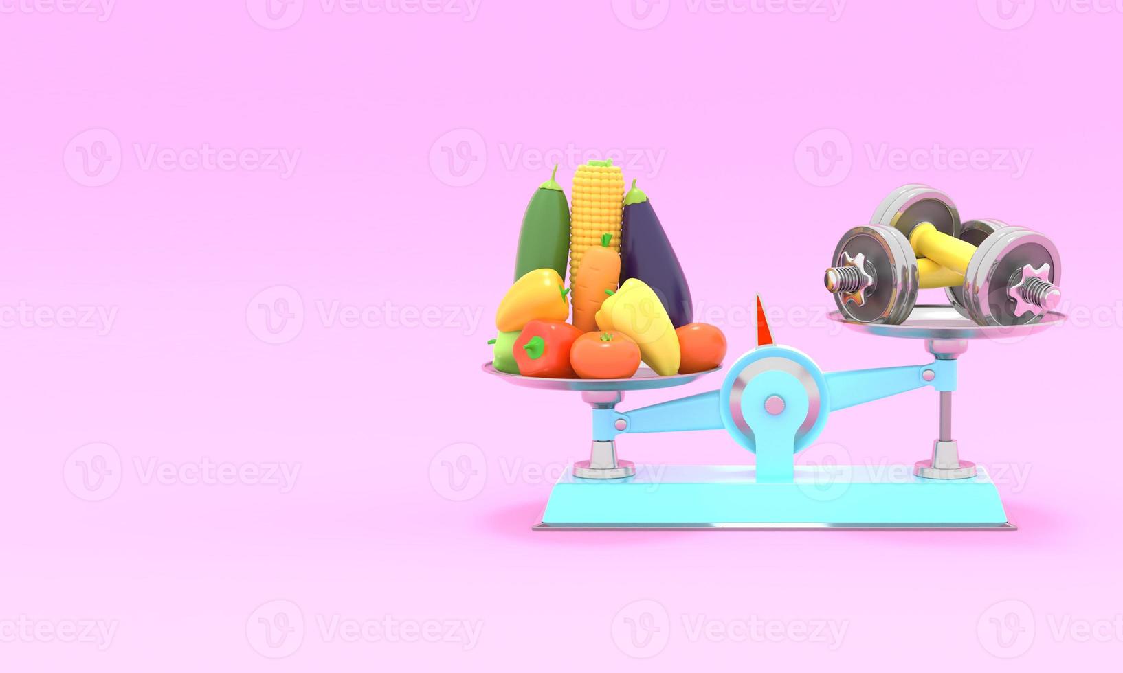 Fresh vegetables and dumbbells on different scales. Conceptual illustration with empty place for text. 3d rendering photo
