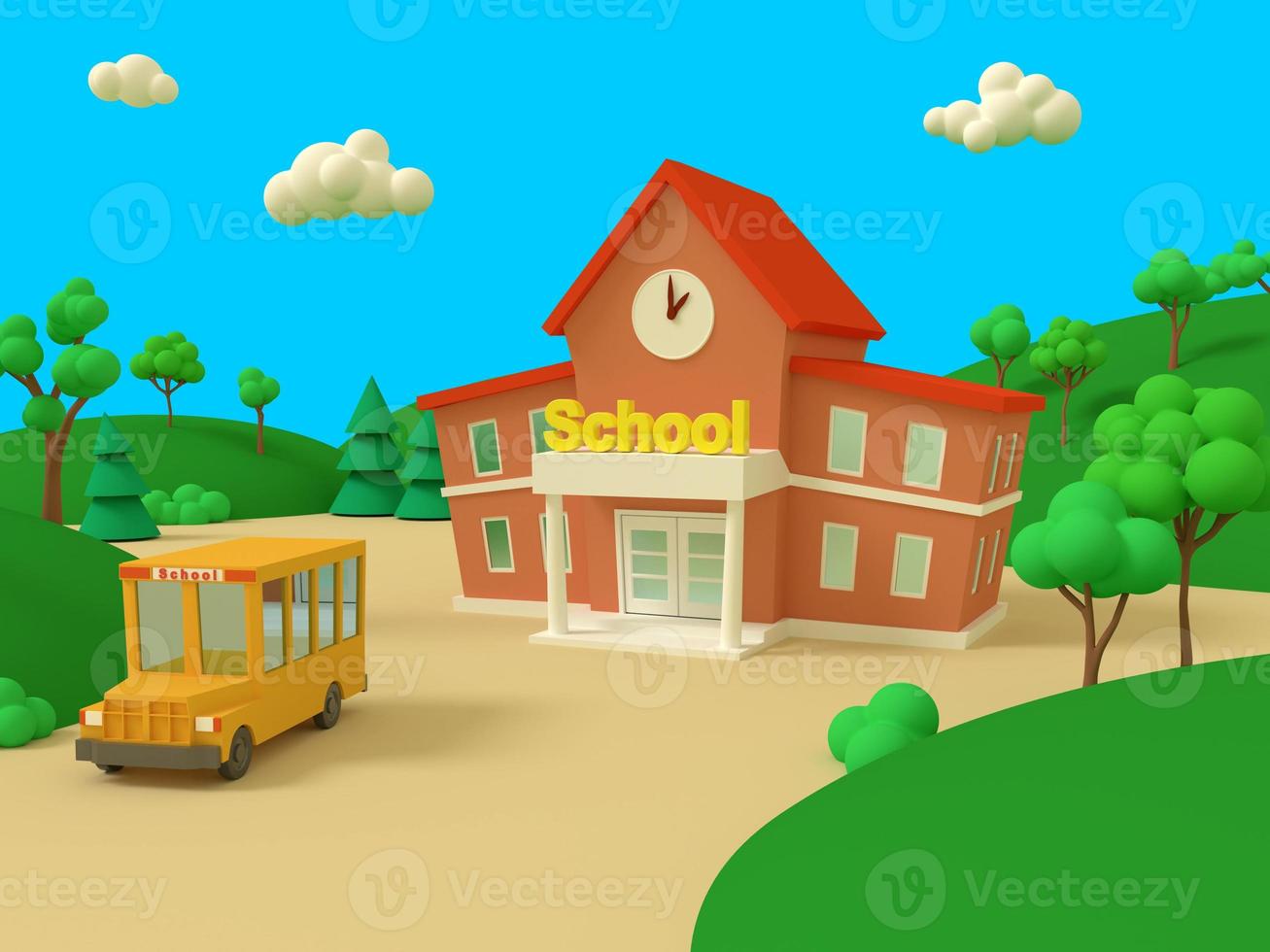 School building and yellow bus with green summer beautiful landscape. Back to school. Volumetric style illustration. 3D render. photo