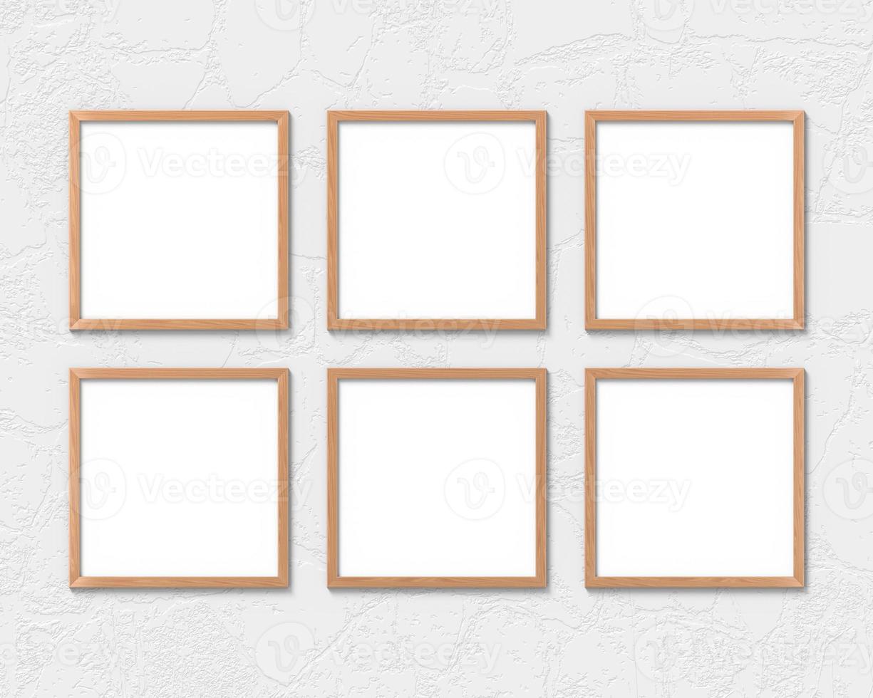 Set of 6 square wooden frames mockup hanging on the wall. Empty base for picture or text. 3D rendering. photo