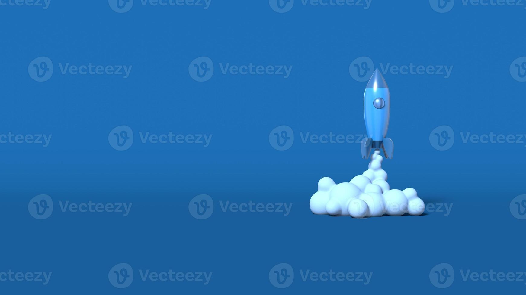 Space rocket cartoon style takes off. Startup business concept. Stylish minimal abstract horizontal scene, place for text. Trendy classic blue color. 3D rendering photo
