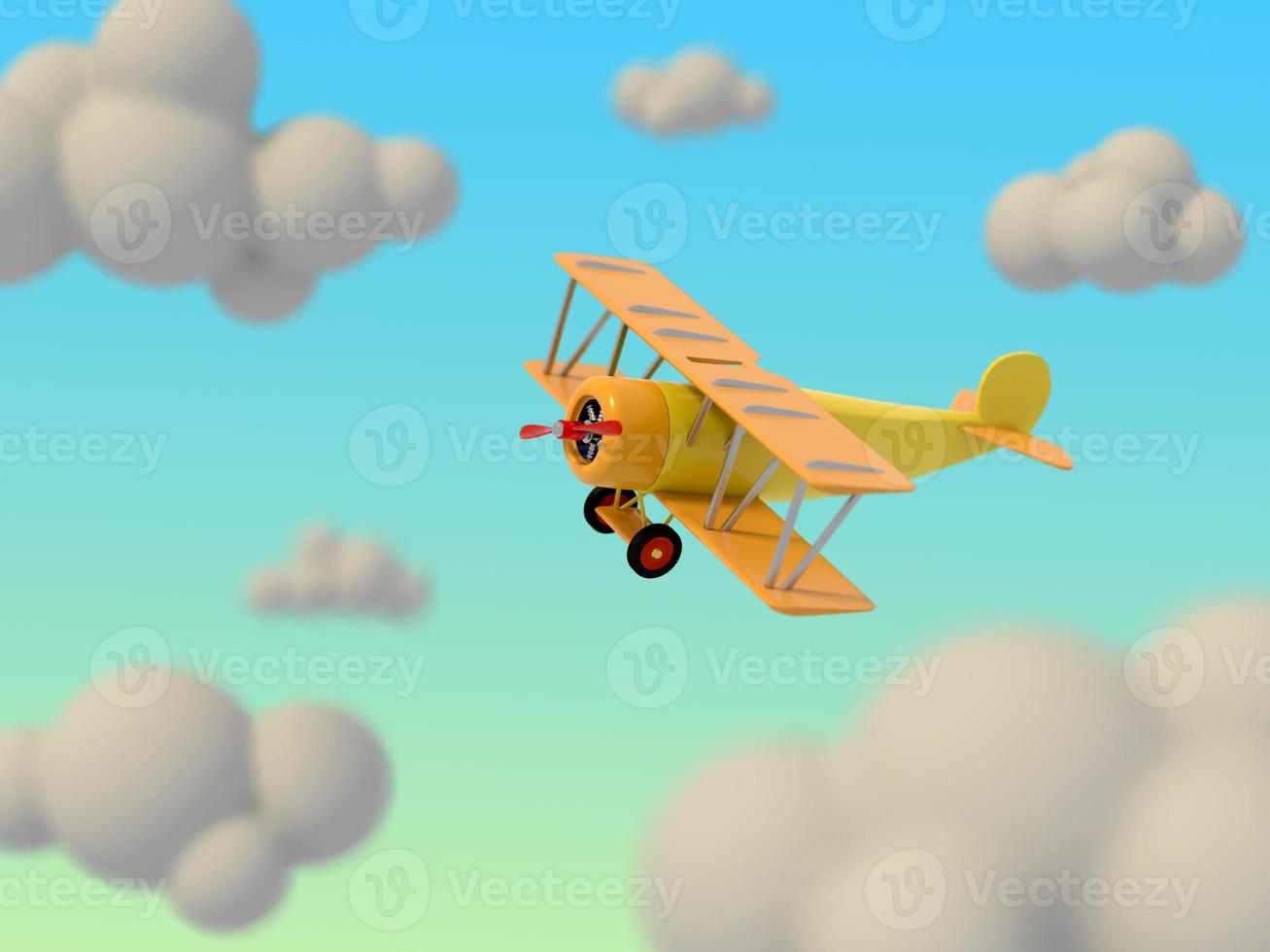 avión de juguete vuela entre las nubes de dibujos animados contra el cielo. ilustración infantil brillante. representación 3d foto