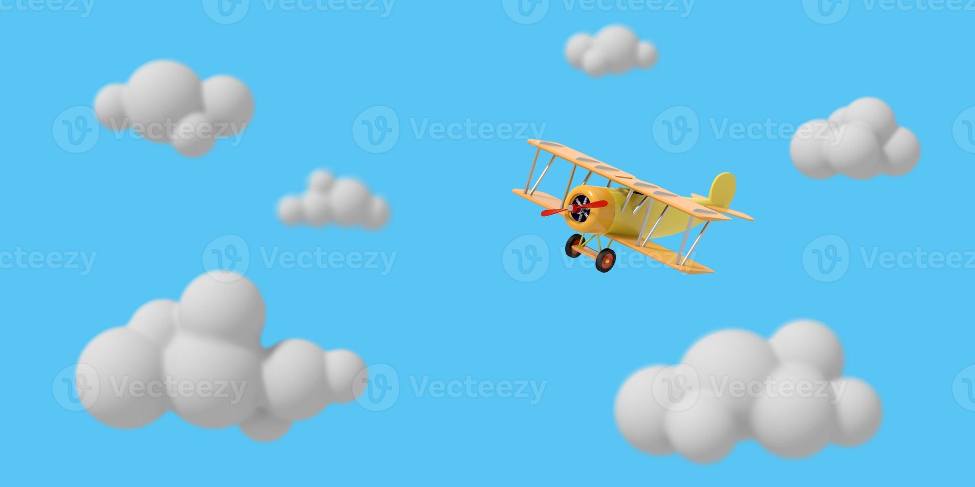 avión de juguete vuela entre las nubes de dibujos animados contra el cielo. ilustración infantil brillante. representación 3d foto