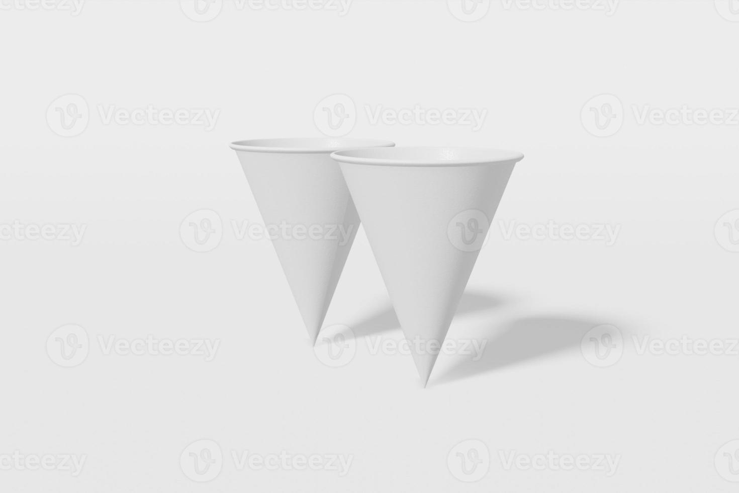 juego de dos vasos de maqueta de papel blanco en forma de cono sobre un fondo blanco. representación 3d foto