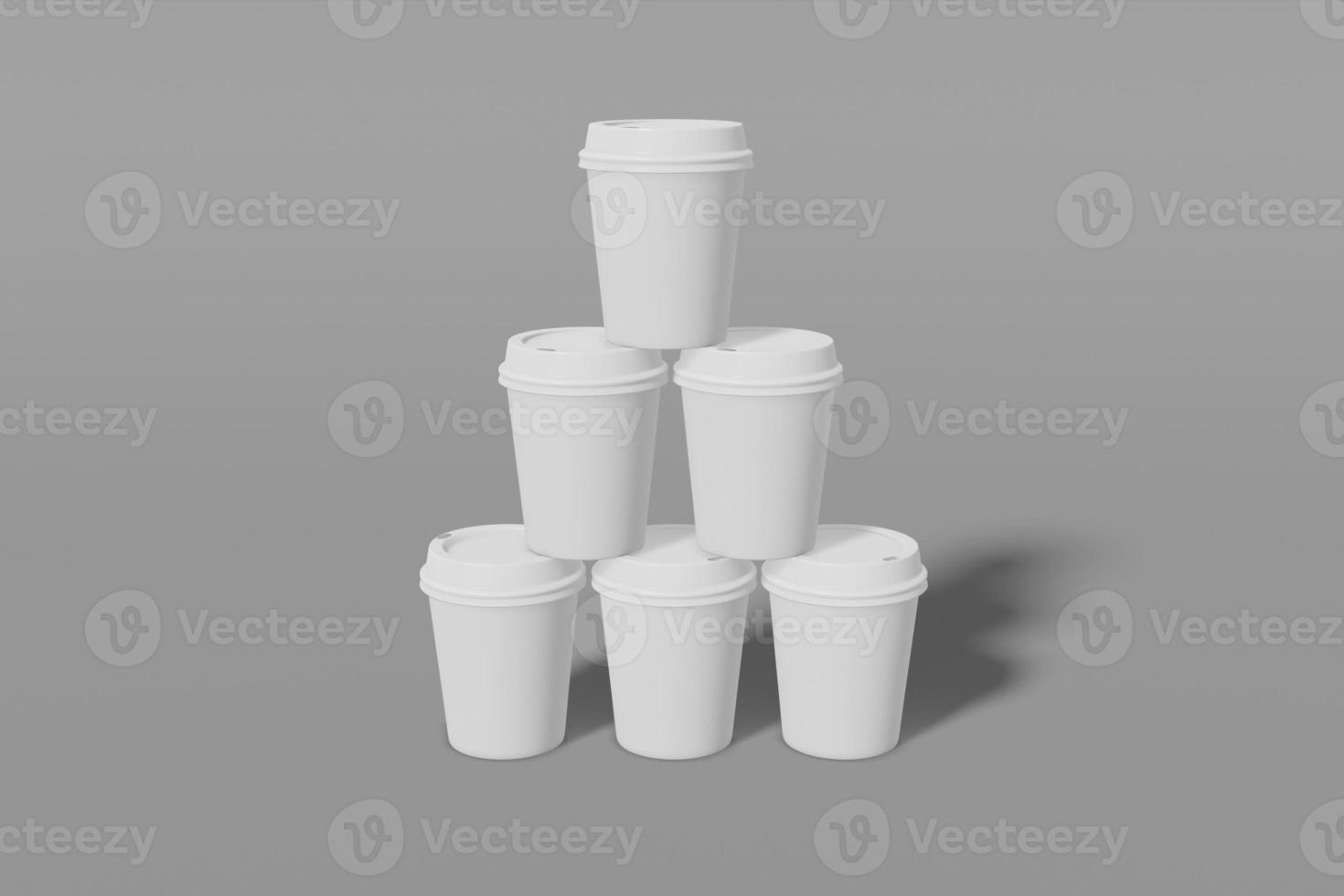 juego de seis maquetas de vasos de papel con un soporte de tapa en forma de pirámide sobre un fondo gris. representación 3d foto