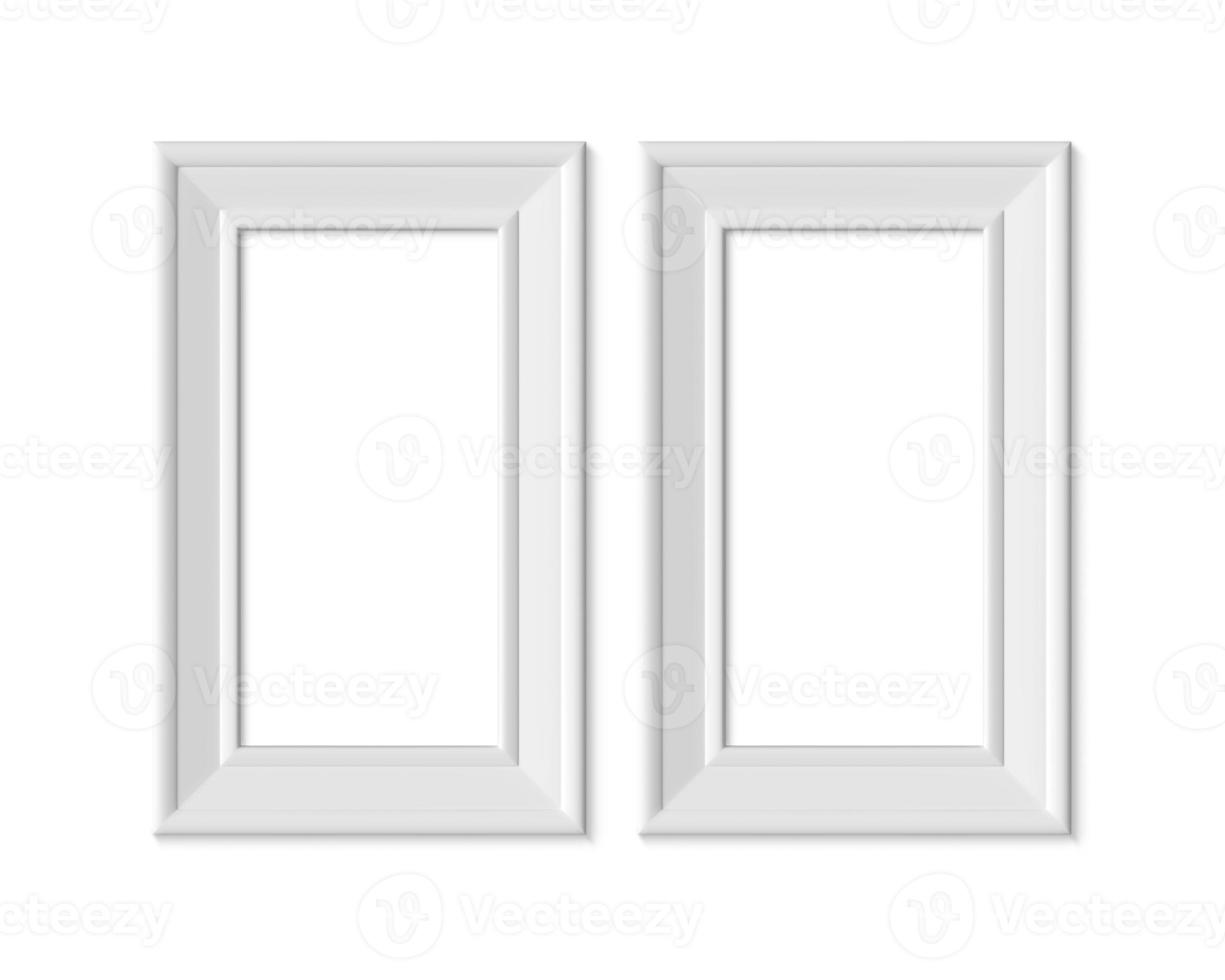 Set 2 1x2 Vertical Portrait picture frame mockup. Realisitc paper, wooden or plastic white blank. Isolated poster frame mock up template on white background. 3D render. photo