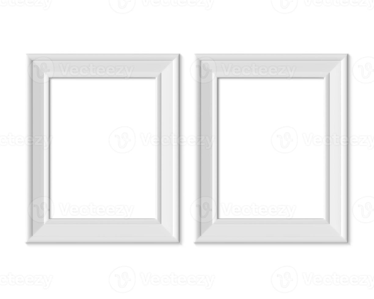 Set 2 3x4 Vertical Portrait picture frame mockup. Realisitc paper, wooden or plastic white blank . Isolated poster frame mock up template on white background. 3D render. photo
