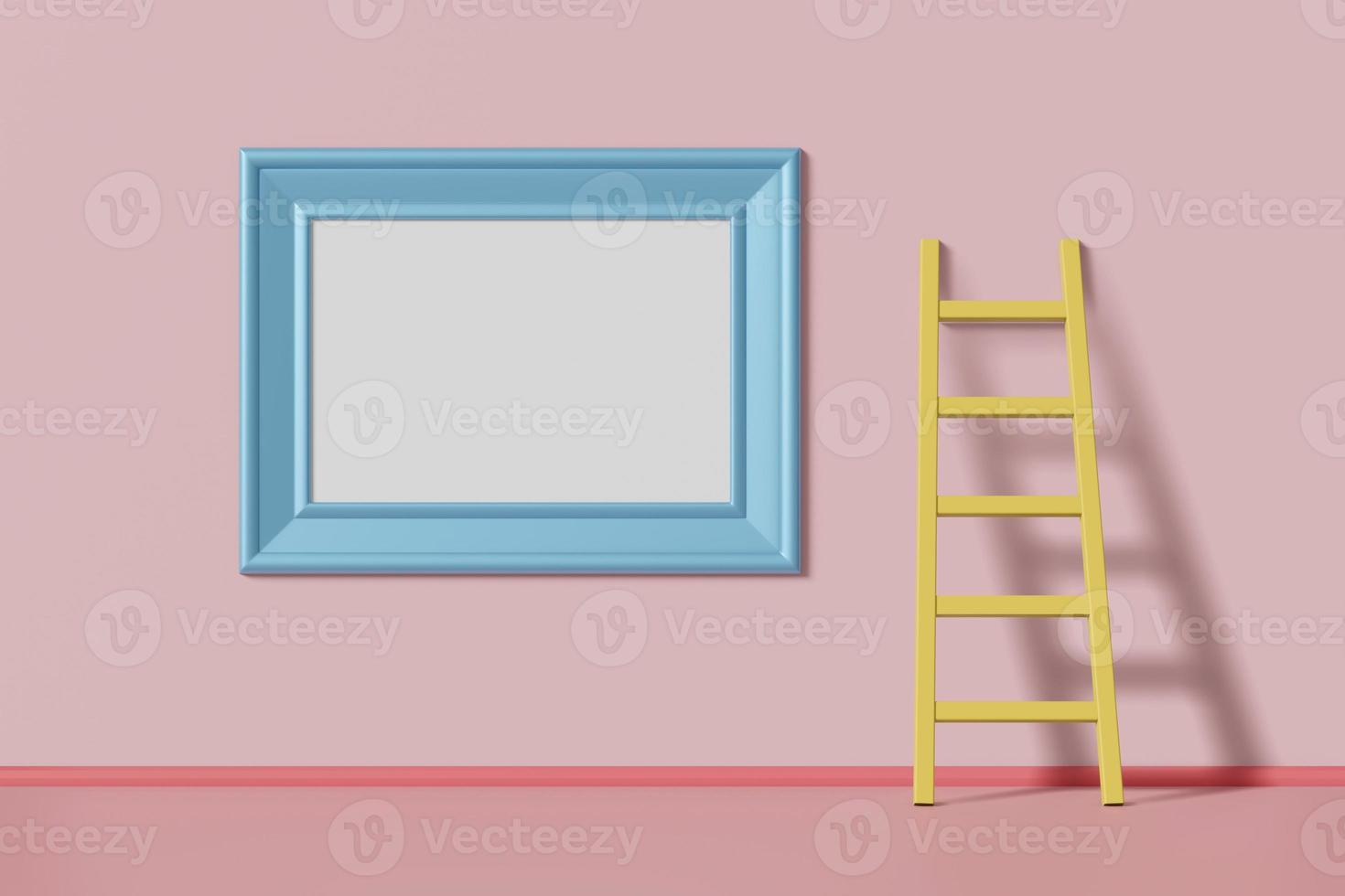 marco de imagen de maqueta horizontal color azul colgado en una pared rosa cerca de la escalera. concepto abstracto de dibujos animados de niños multicolores. representación 3d foto