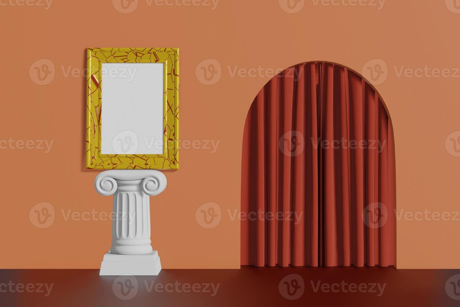 soporte de color dorado de marco de imagen de maqueta vintage vertical en una columna sobre un fondo de pared de coral. interior abstracto de dibujos animados multicolores con arco. representación 3d foto