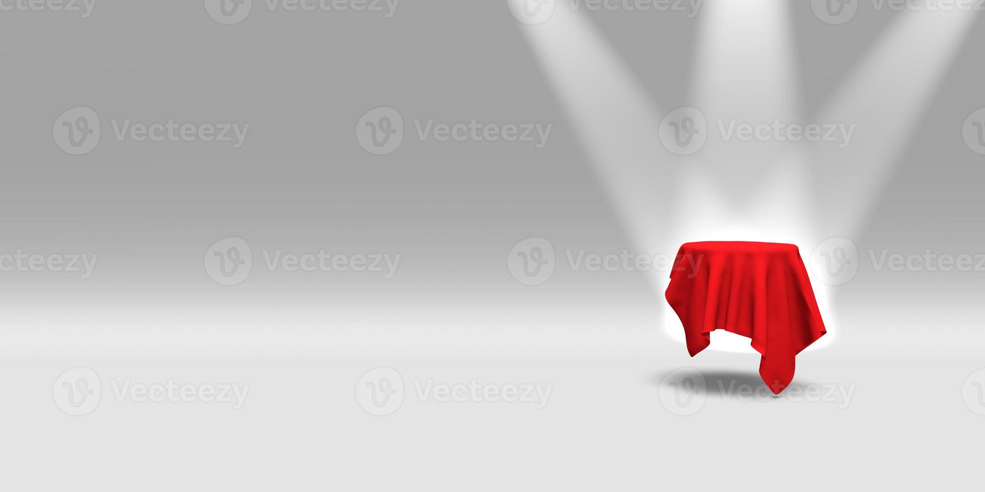 Podium, pedestal or platform covered with red cloth illuminated by spotlights on white background. Abstract illustration of simple geometric shapes. 3D rendering. photo