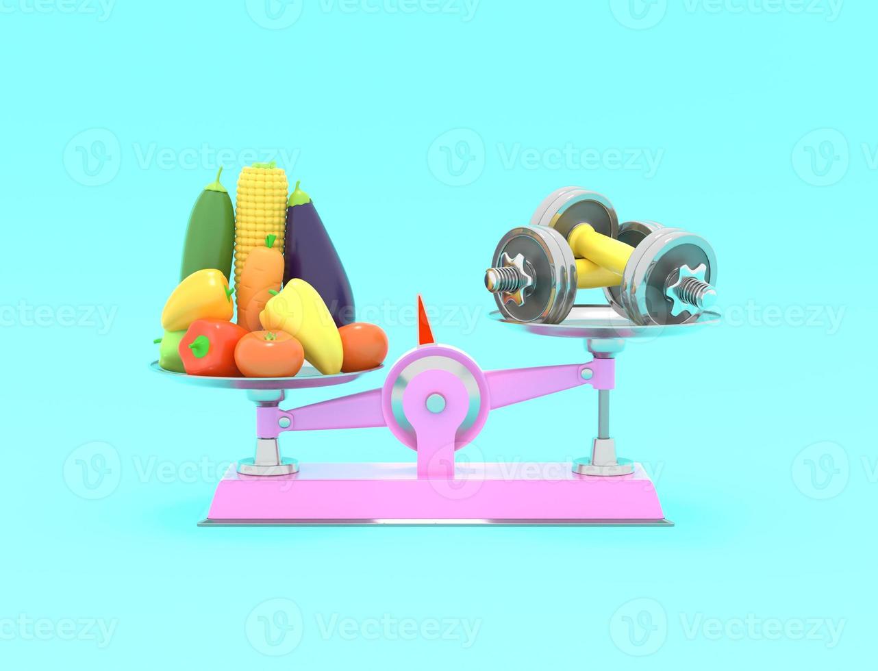 Fresh vegetables and dumbbells on different scales. Conceptual illustration with empty place for text. 3d rendering photo