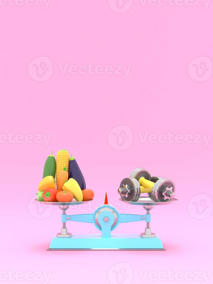 Fresh vegetables and dumbbells on different scales. Conceptual illustration with empty place for text. 3d rendering photo