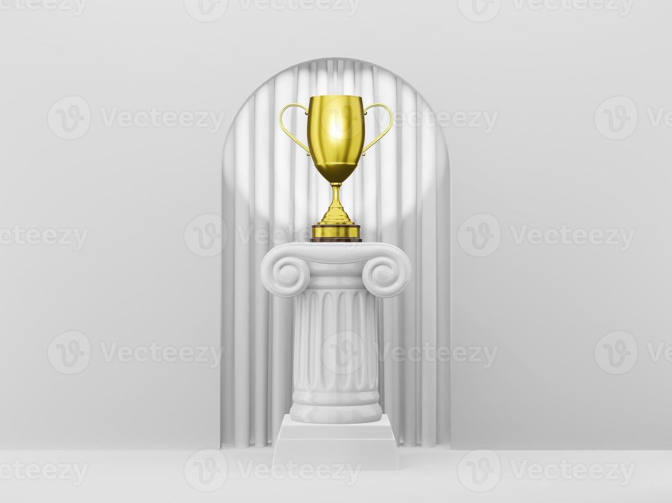 columna de podio abstracta con un trofeo dorado en el arco de fondo blanco con curtian blanco. el pedestal de la victoria es un concepto minimalista. representación 3d foto