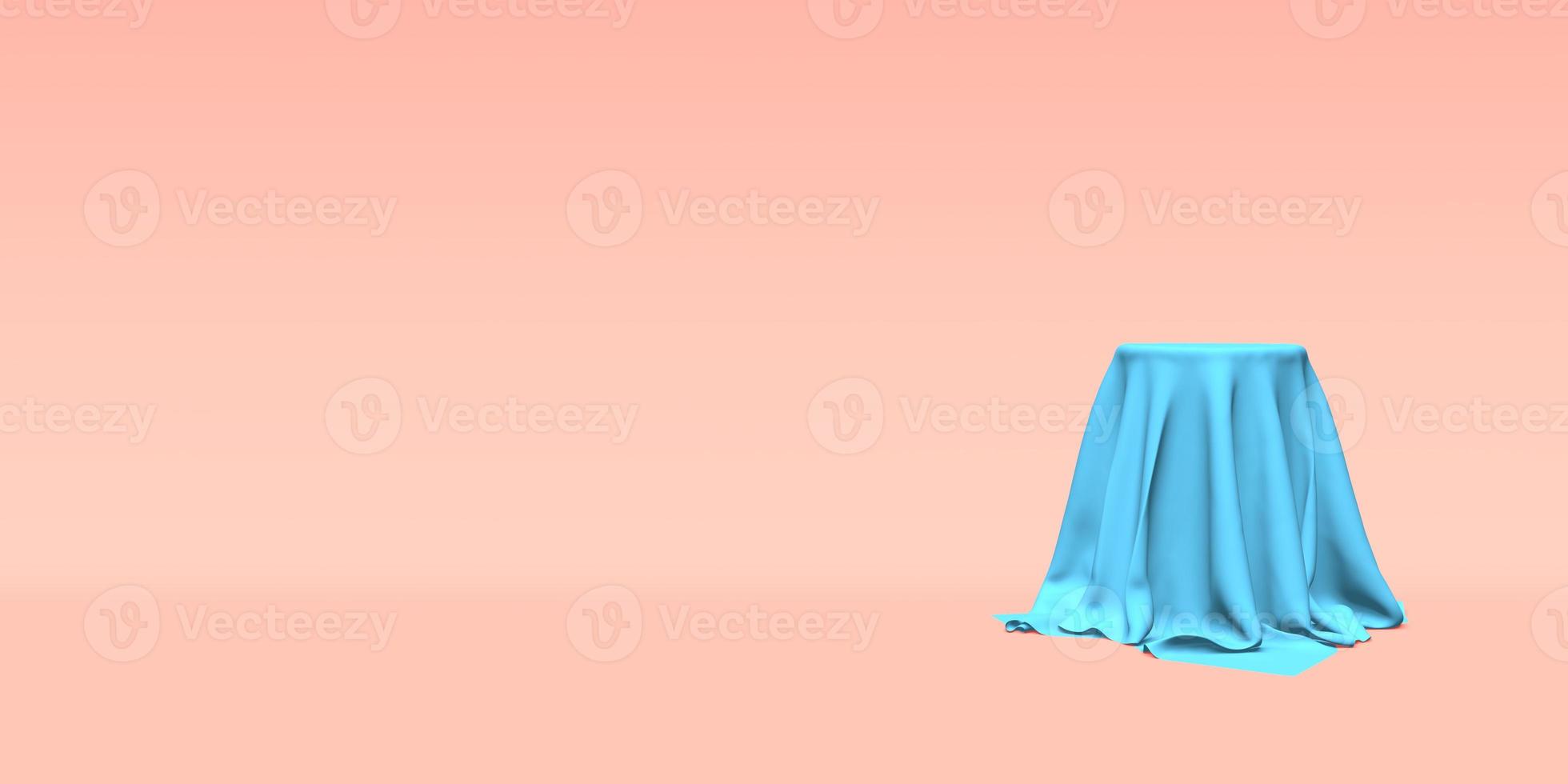 Podium, pedestal or platform covered with blue cloth on pink background. Abstract illustration of simple geometric shapes. 3D rendering. photo