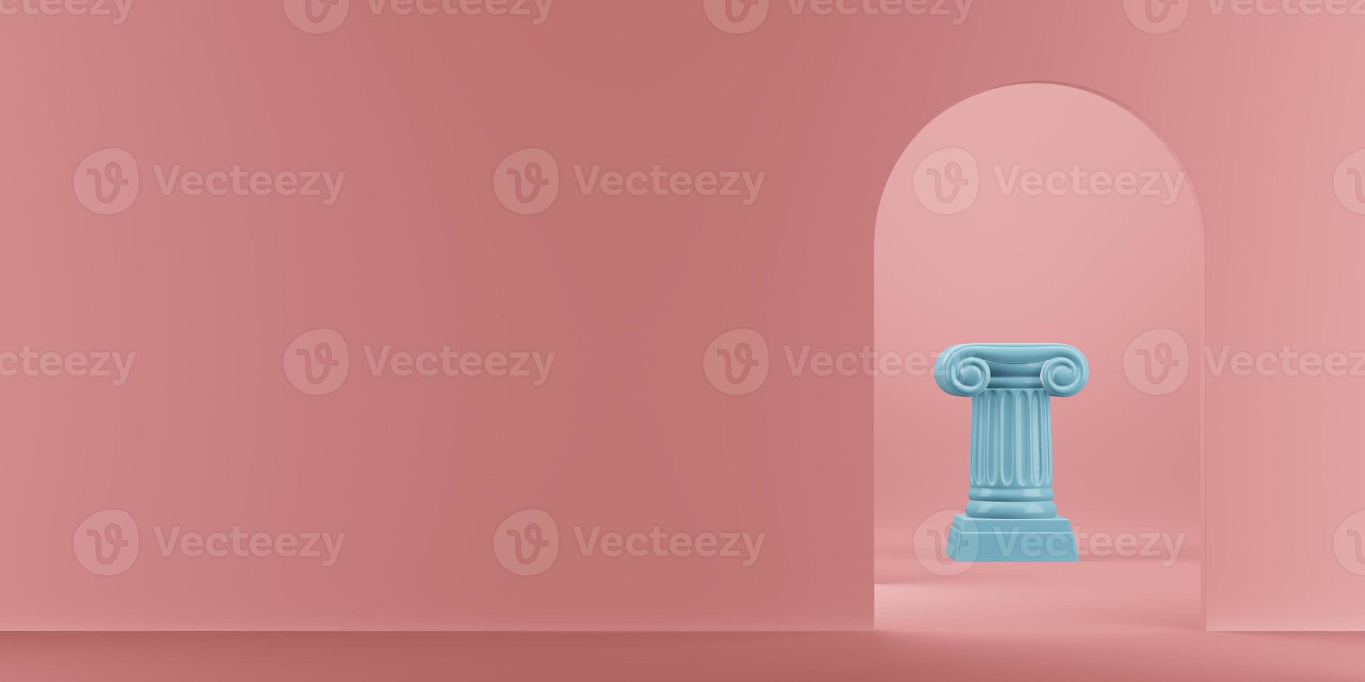 columna azul de podio abstracto en el fondo rosa con arco. el pedestal de la victoria es un concepto minimalista. representación 3d foto