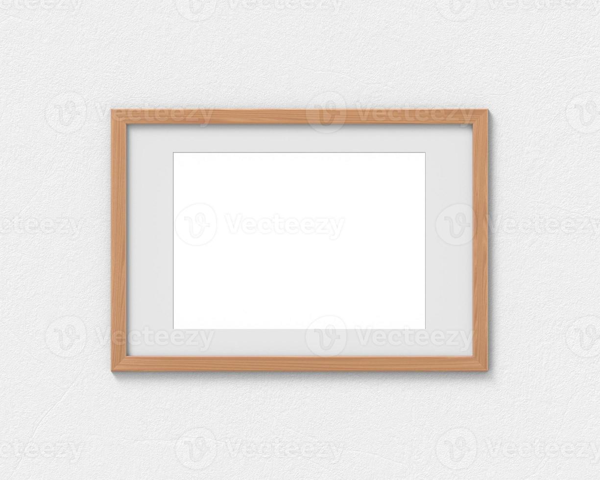 Horizontal wooden frames mockup with a border hanging on the wall. Empty base for picture or text. 3D rendering. photo