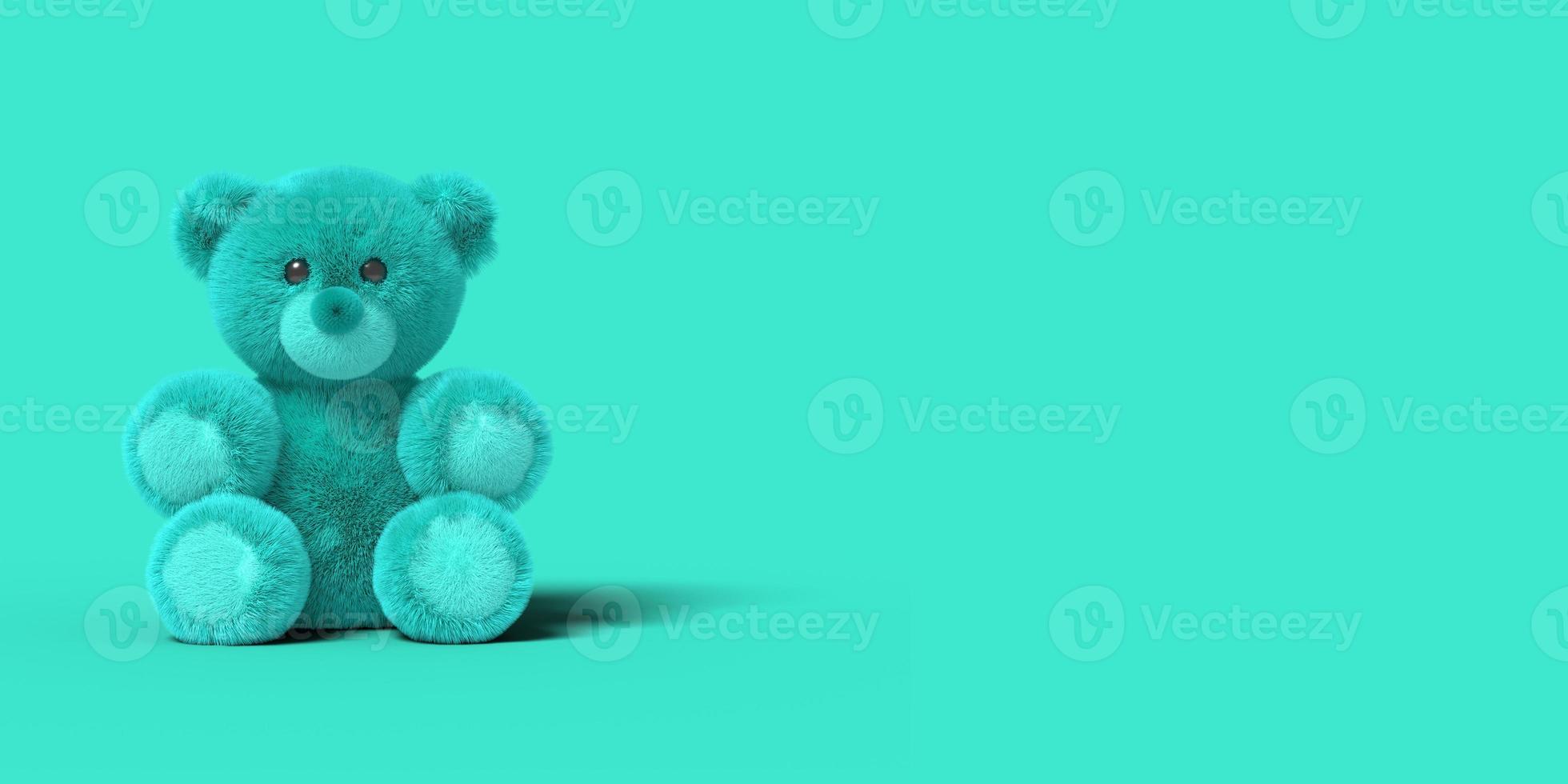 Blue toy bear is sitting on the floor on a blue background. Abstract image. Minimal concept toys business. 3D render. photo