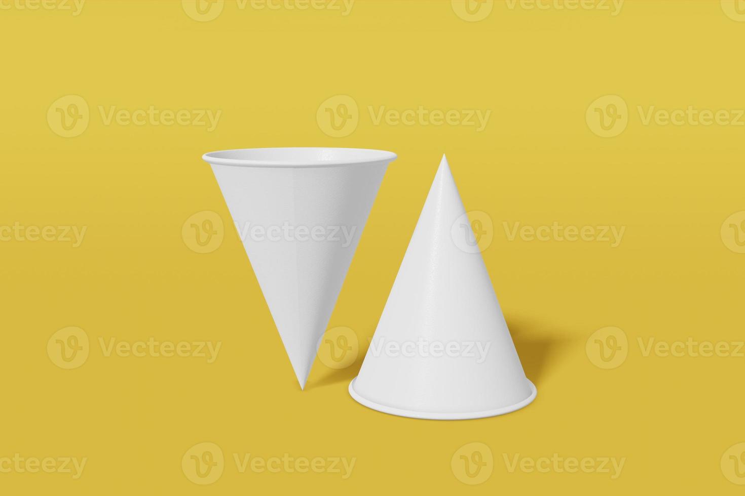 Two paper cups mockup cone shaped on a yellow background. One of the cups is turned upside down. 3D rendering photo