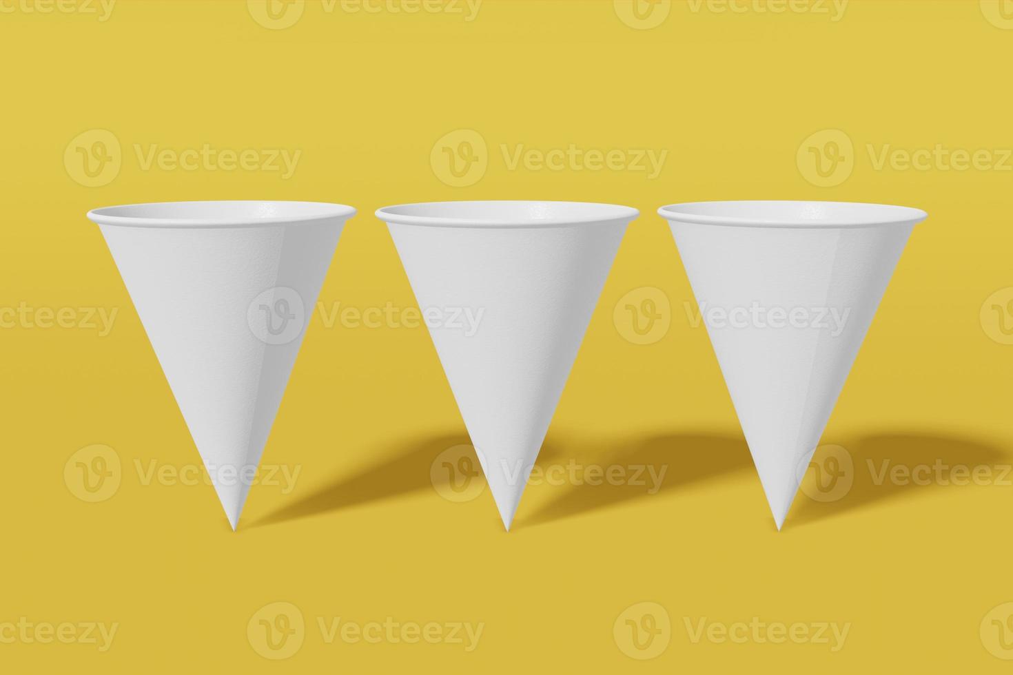 Set of three white paper mockup cups cone shaped on a yellow background. 3D rendering photo