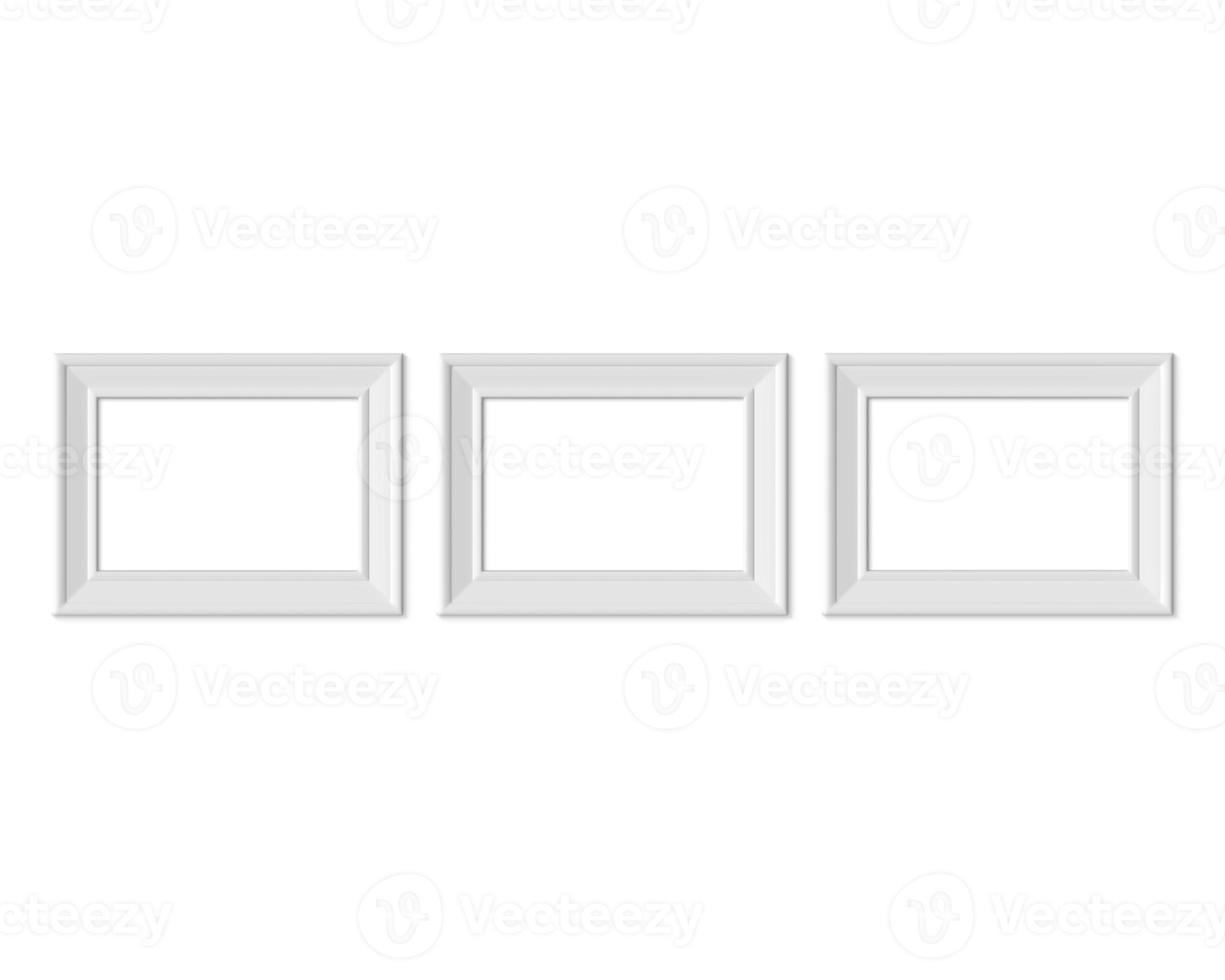 establecer 3 maquetas de marco de imagen de paisaje horizontal 2x3 a4. papel realista, madera o plástico blanco en blanco. plantilla de maqueta de marco de póster aislado sobre fondo blanco. procesamiento 3d foto