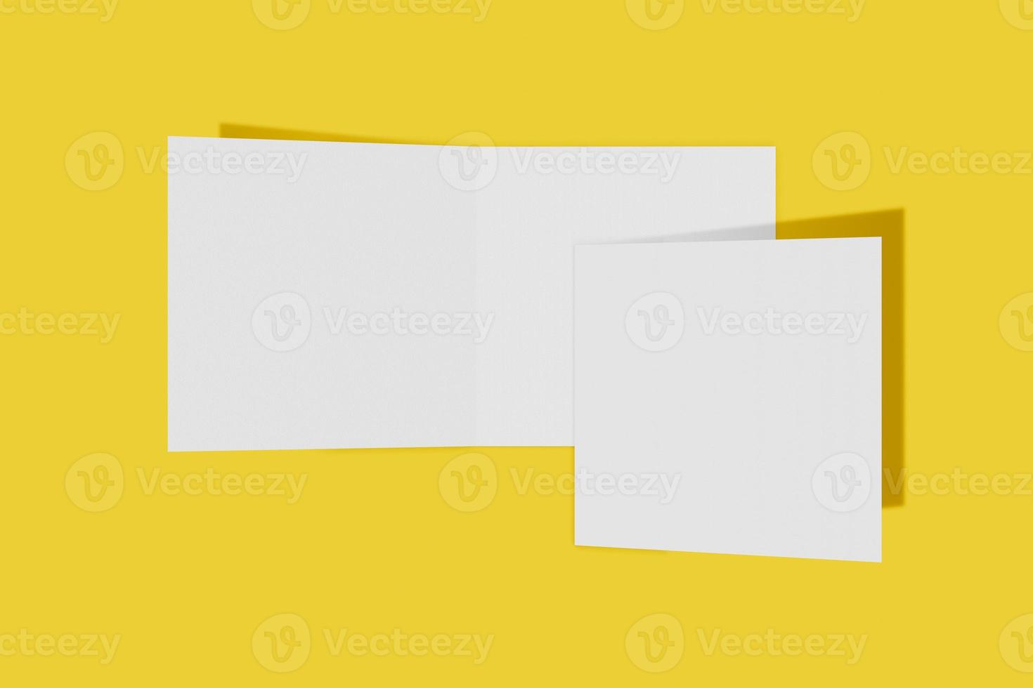 Two Mockup square booklet, brochure, invitation isolated on a yellow background with hard cover and realistic shadow. 3D rendering. photo