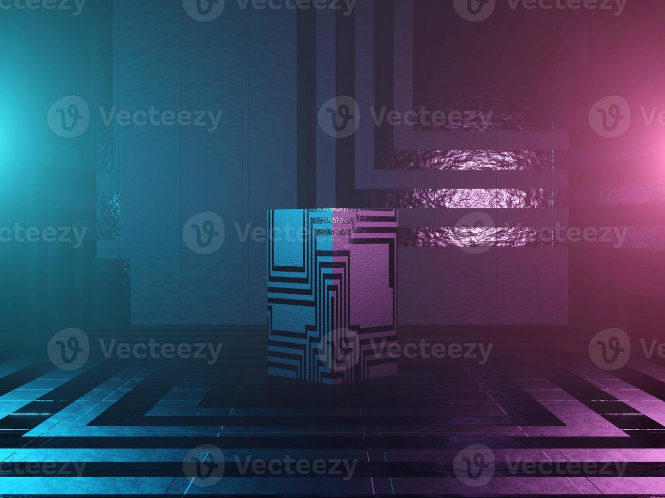 Abstract podium, pedestal or platform - a cube with Sci-Fi texture on a dark futuristic background. The concept of the city or the interior of the future. 3d rendering photo