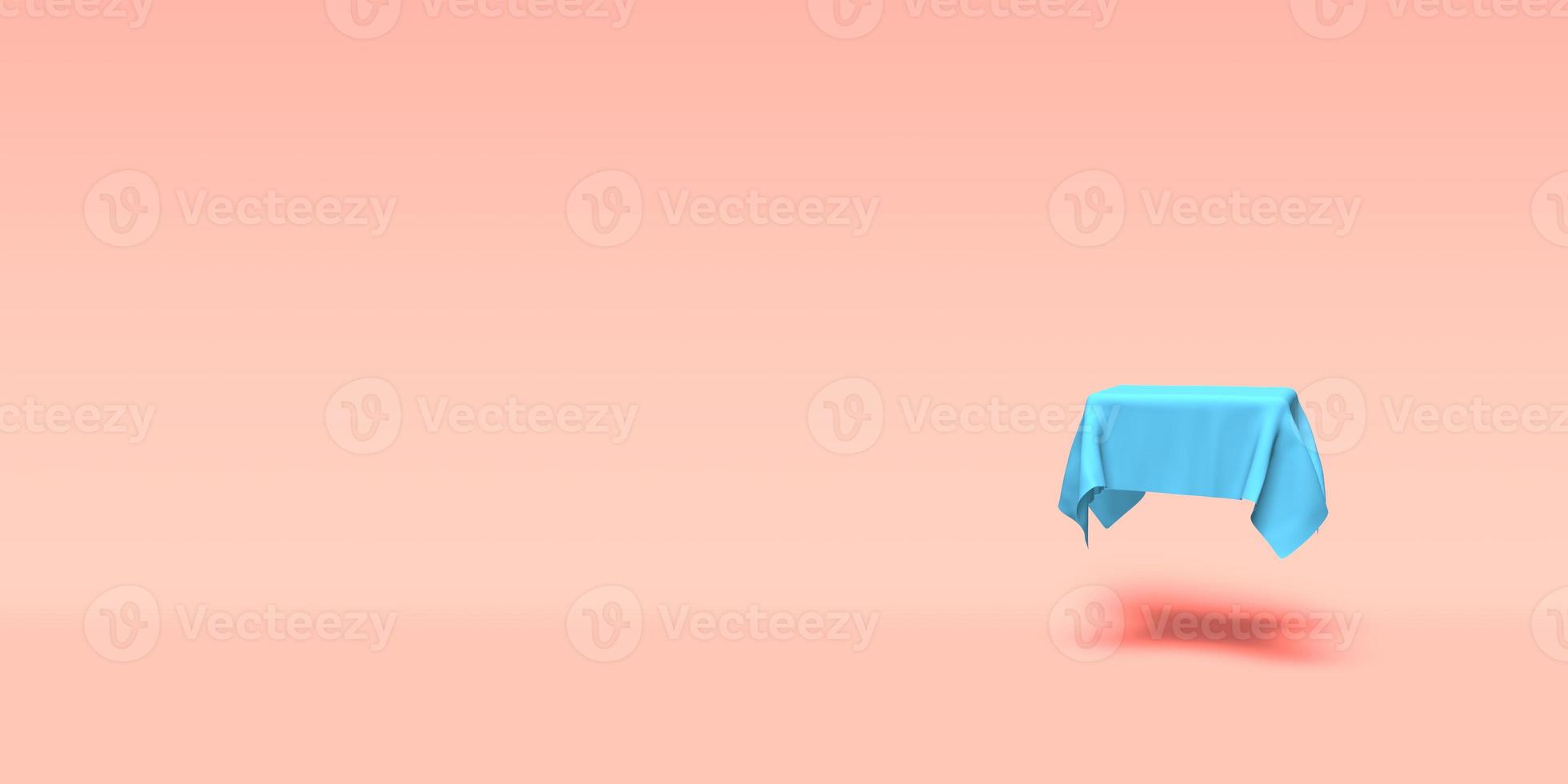 podio, pedestal o plataforma cubierta con tela azul sobre fondo rosa. ilustración abstracta de formas geométricas simples. representación 3d foto