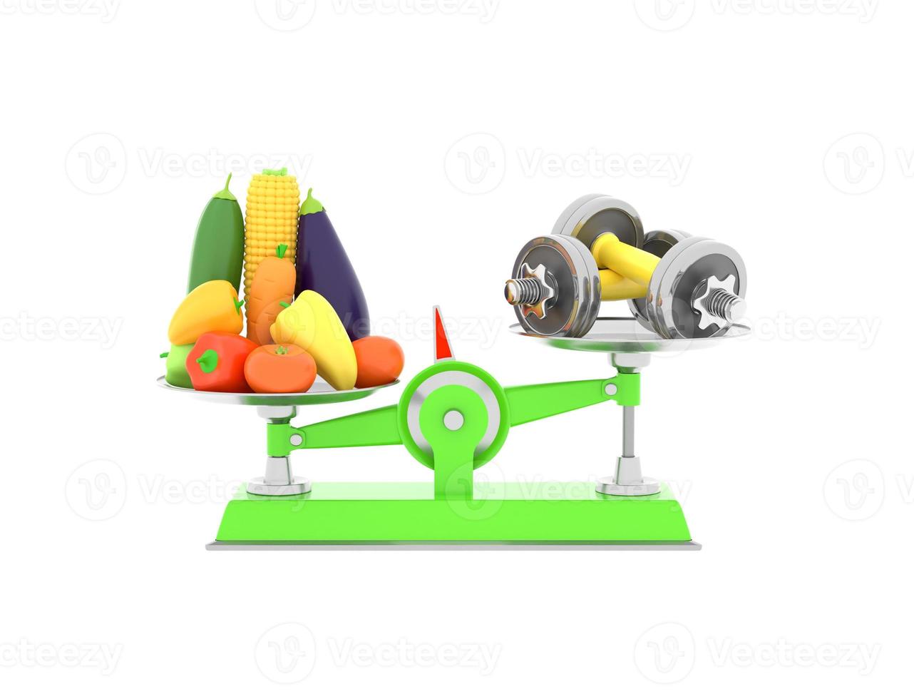 Fresh vegetables and dumbbells on different scales. Conceptual illustration with empty place text. 3d rendering photo