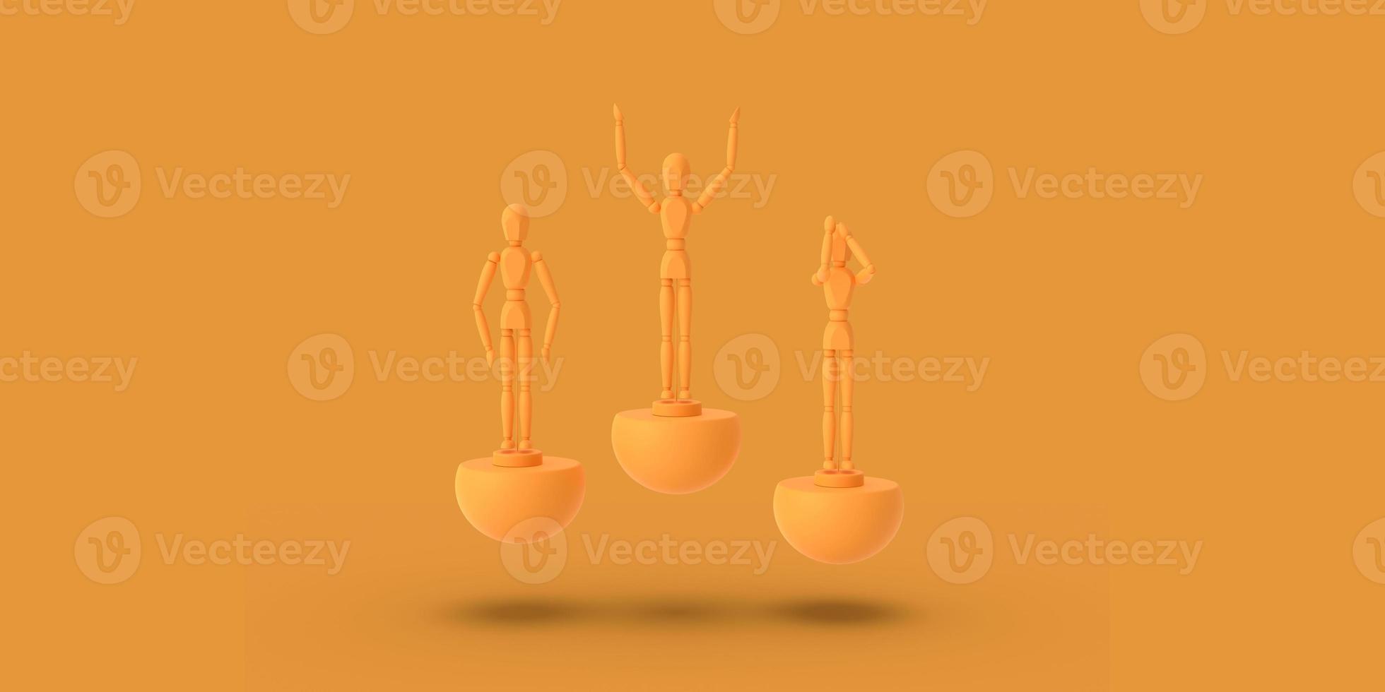 Three toy man of orange color on a sports abstract pedestal. photo