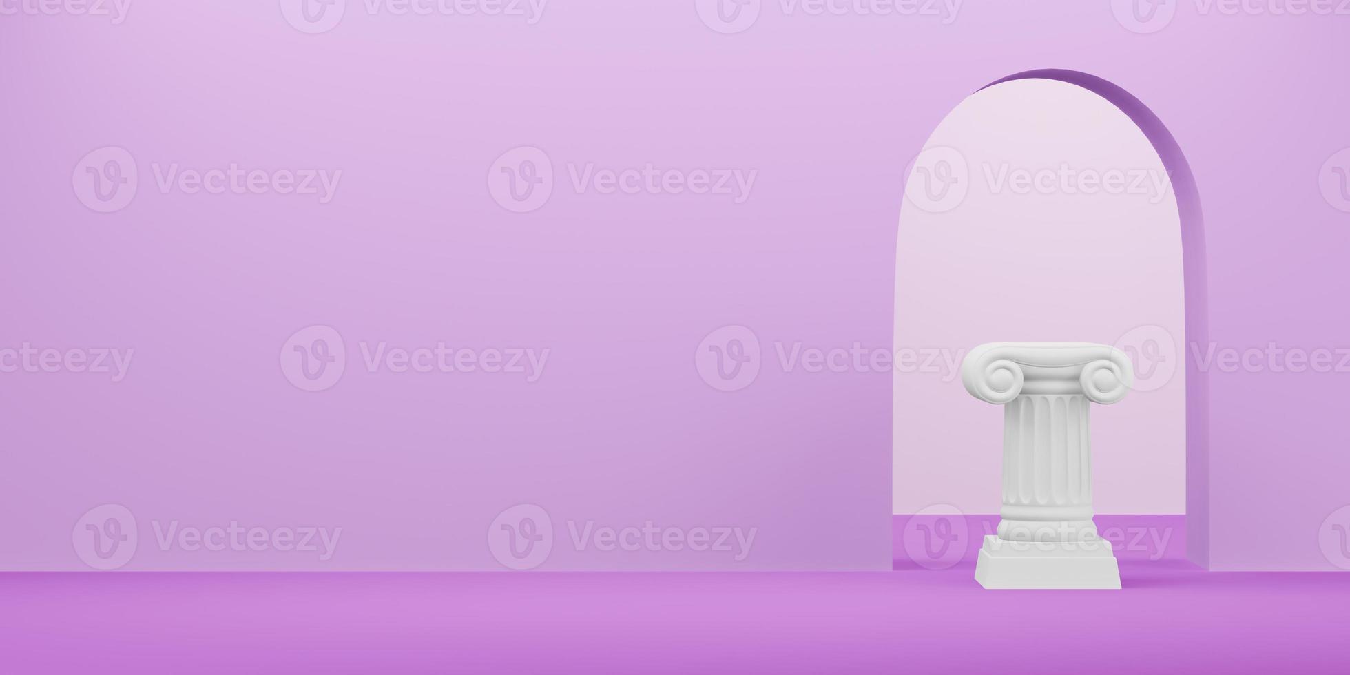 Abstract podium column on the fuchsia background with arch. The victory pedestal is a minimalist concept. Free space for text. 3D rendering. photo