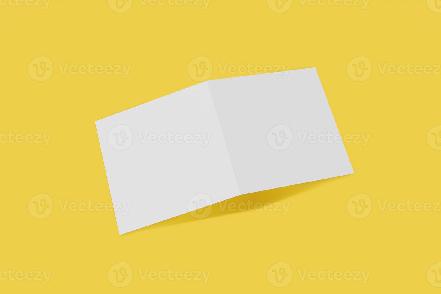 folleto cuadrado de maqueta, folleto, invitación aislada en un fondo amarillo con tapa dura y sombra realista. representación 3d foto