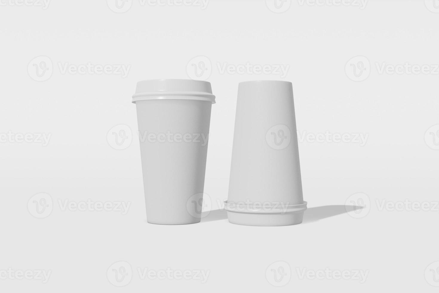 maqueta de dos vasos de papel con una tapa sobre un fondo blanco. uno de los vasos está al revés. representación 3d foto