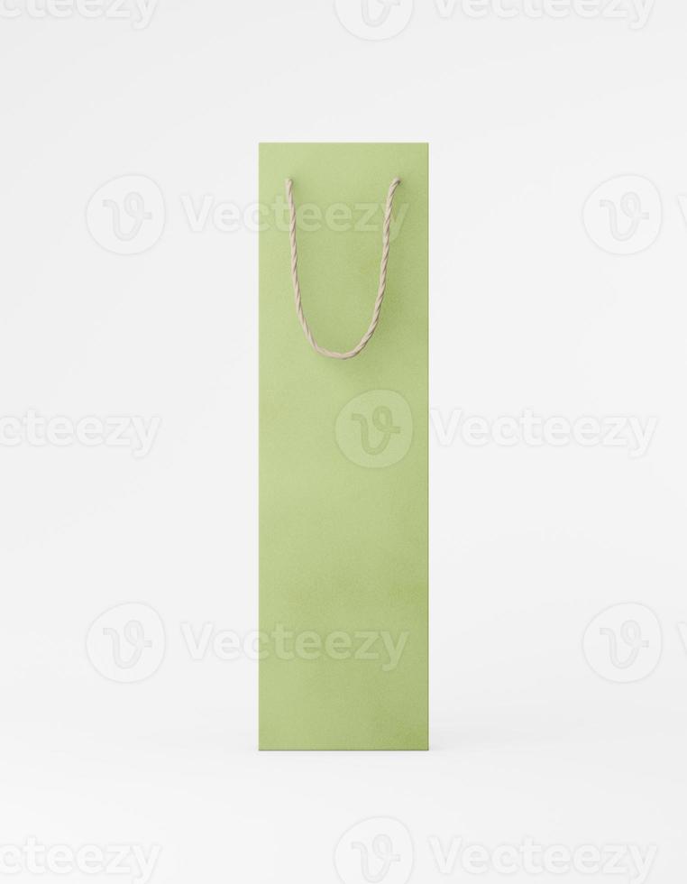 bolsa de maqueta de embalaje ecológico papel kraft con asa en la parte delantera. plantilla verde alta y estrecha sobre publicidad promocional de fondo blanco. representación 3d foto