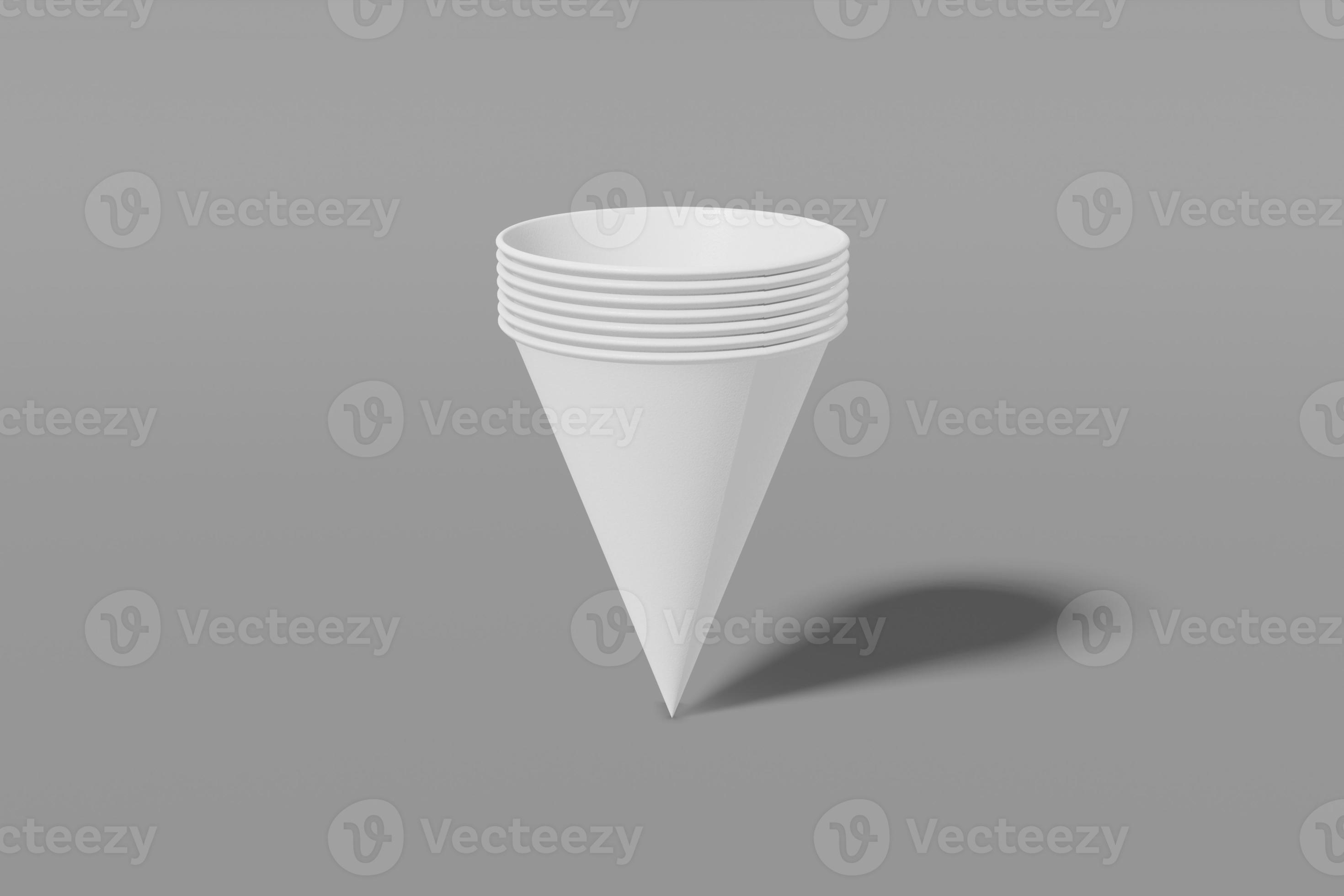 juego de vasos de maqueta de papel blanco en forma de cono anidados entre sí sobre un fondo gris. representación 3d foto